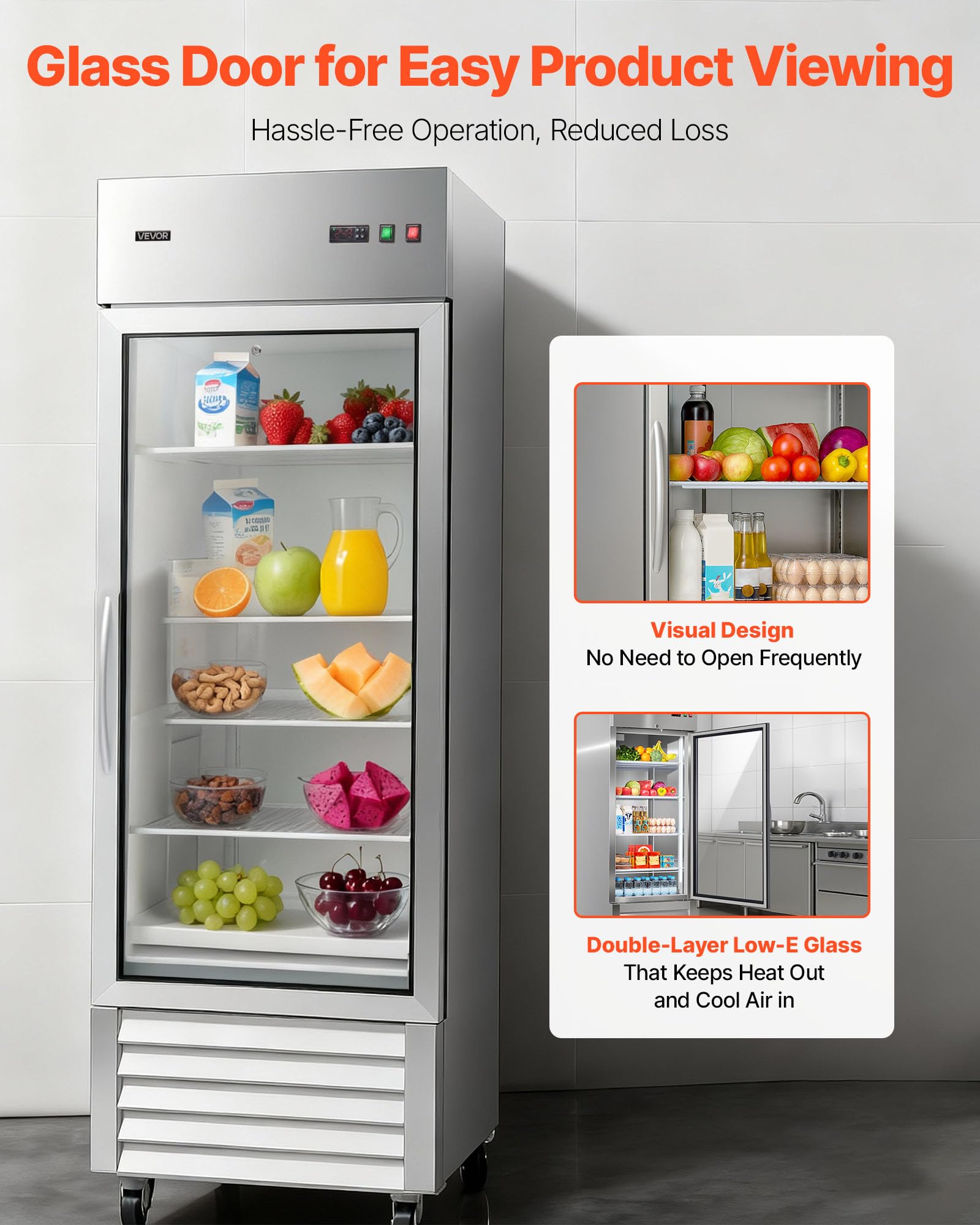 VEVOR Commercial Reach-In Refrigerator 29" W, 22 Cu.Ft Stainless Steel Upright Refrigerator with Single Glass Door, Auto-Defrost, 4 Adjustable Shelves, 32 to 50℉ Temp Control, ETL Certified - Image 6