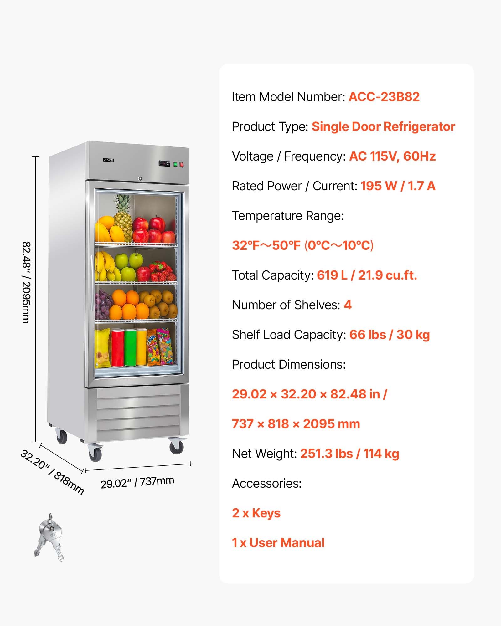 VEVOR Commercial Reach-In Refrigerator 29" W, 22 Cu.Ft Stainless Steel Upright Refrigerator with Single Glass Door, Auto-Defrost, 4 Adjustable Shelves, 32 to 50℉ Temp Control, ETL Certified - Image 7
