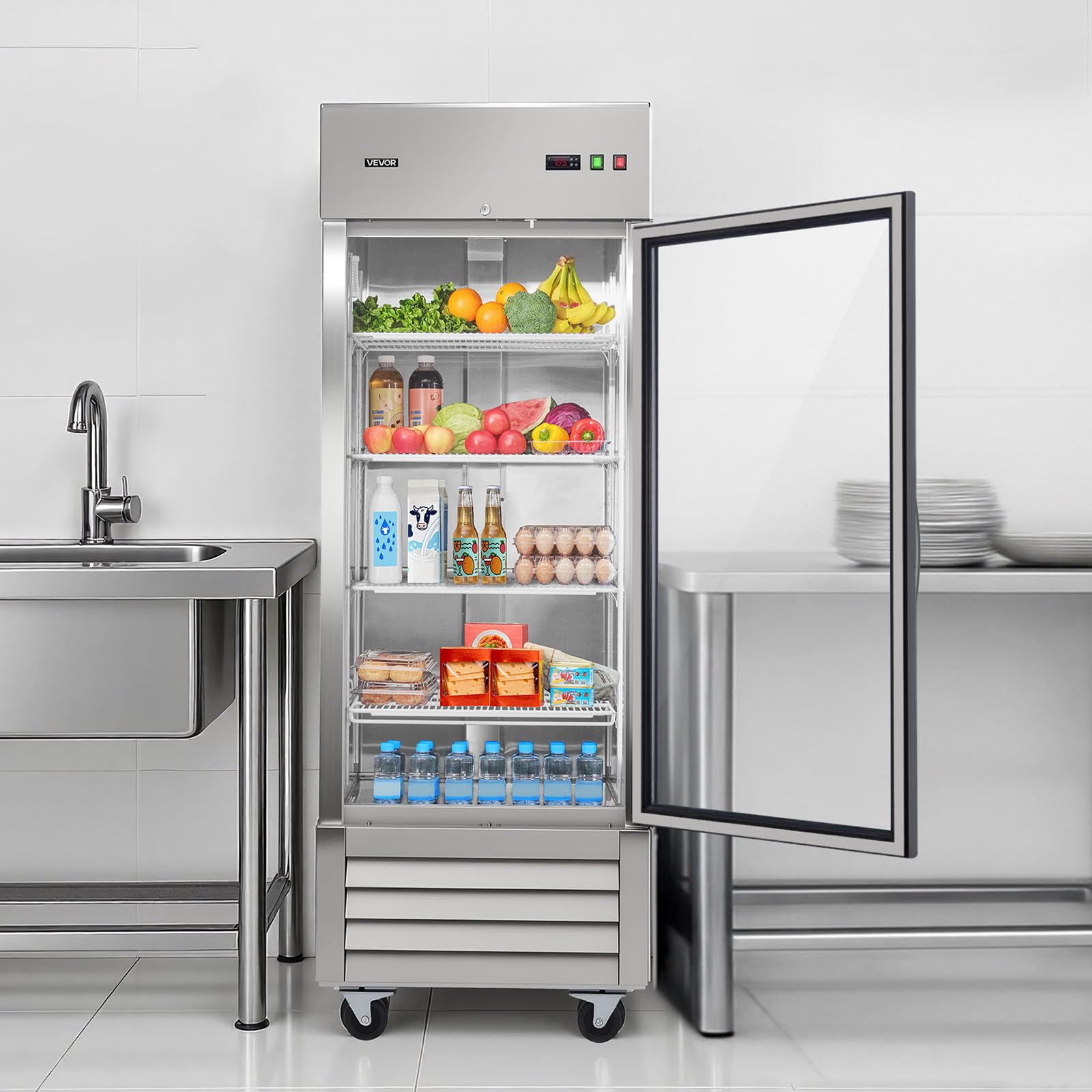 VEVOR Commercial Reach-In Refrigerator 29" W, 22 Cu.Ft Stainless Steel Upright Refrigerator with Single Glass Door, Auto-Defrost, 4 Adjustable Shelves, 32 to 50℉ Temp Control, ETL Certified - Image 8