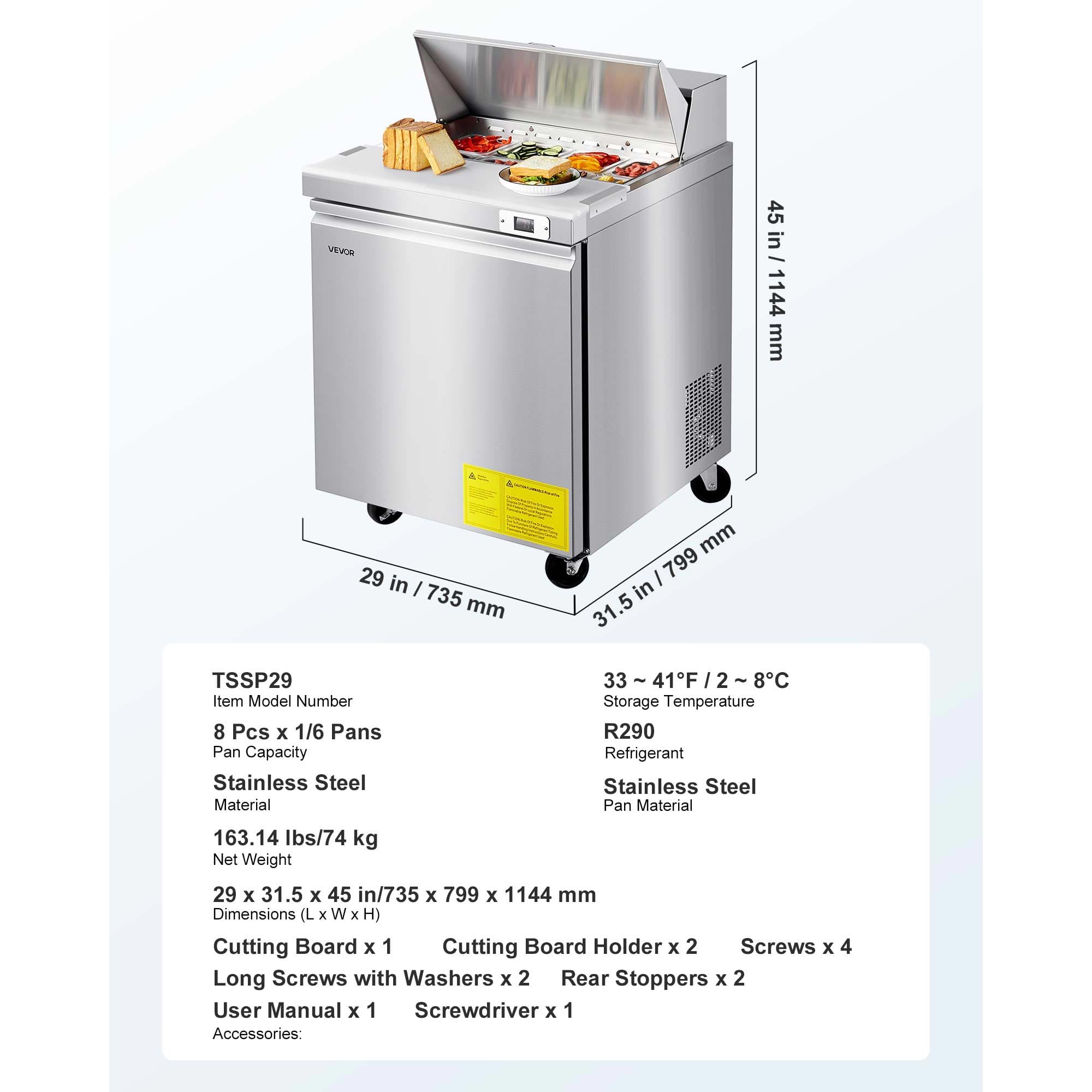 VEVOR Commercial Refrigerator, 28" W Sandwich/Salad Prep Refrigerated Table, Stainless Steel Food Prep Station Fridge with 8 Pan, for Restaurant, Bar, Shop, 7.1 Cu. Ft Refrigerator Single Door, Silver - Image 7