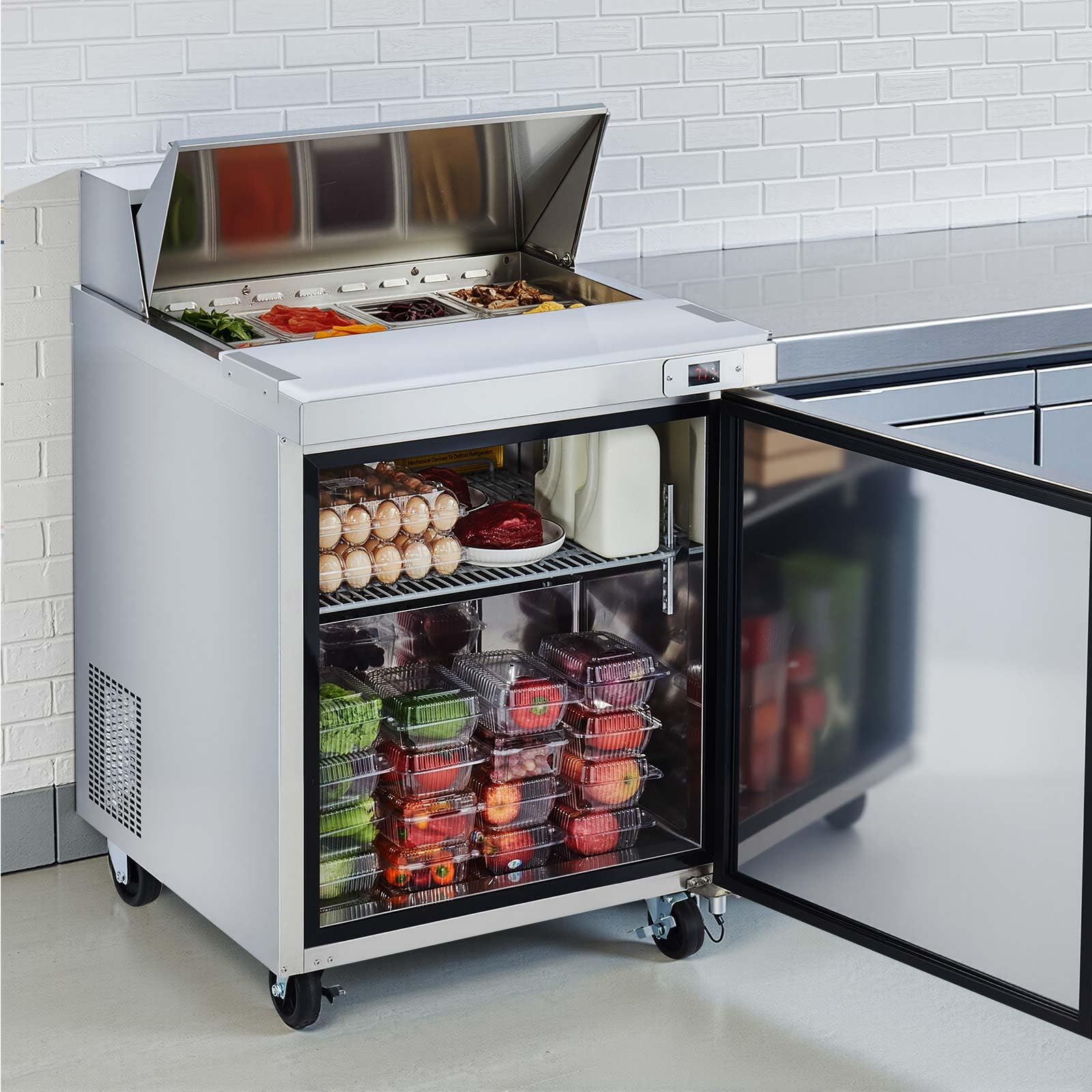 VEVOR Commercial Refrigerator, 28" W Sandwich/Salad Prep Refrigerated Table, Stainless Steel Food Prep Station Fridge with 8 Pan, for Restaurant, Bar, Shop, 7.1 Cu. Ft Refrigerator Single Door, Silver - Image 9