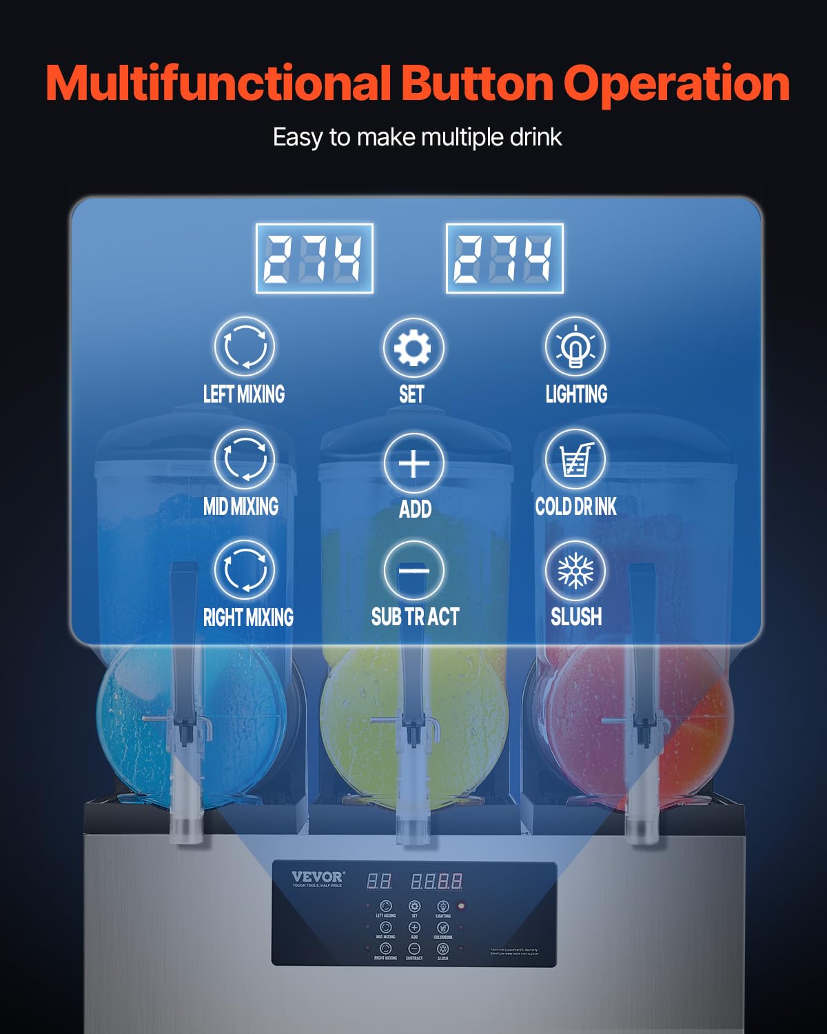 VEVOR Commercial Slushy Machine, 12Lx3 Triple Tank Frozen Drink Machine, 144 Cups Stainless Steel Margarita Smoothie Frozen Drink Maker, Slushie Maker for Home Party Restaurants Cafe Bars - Image 4