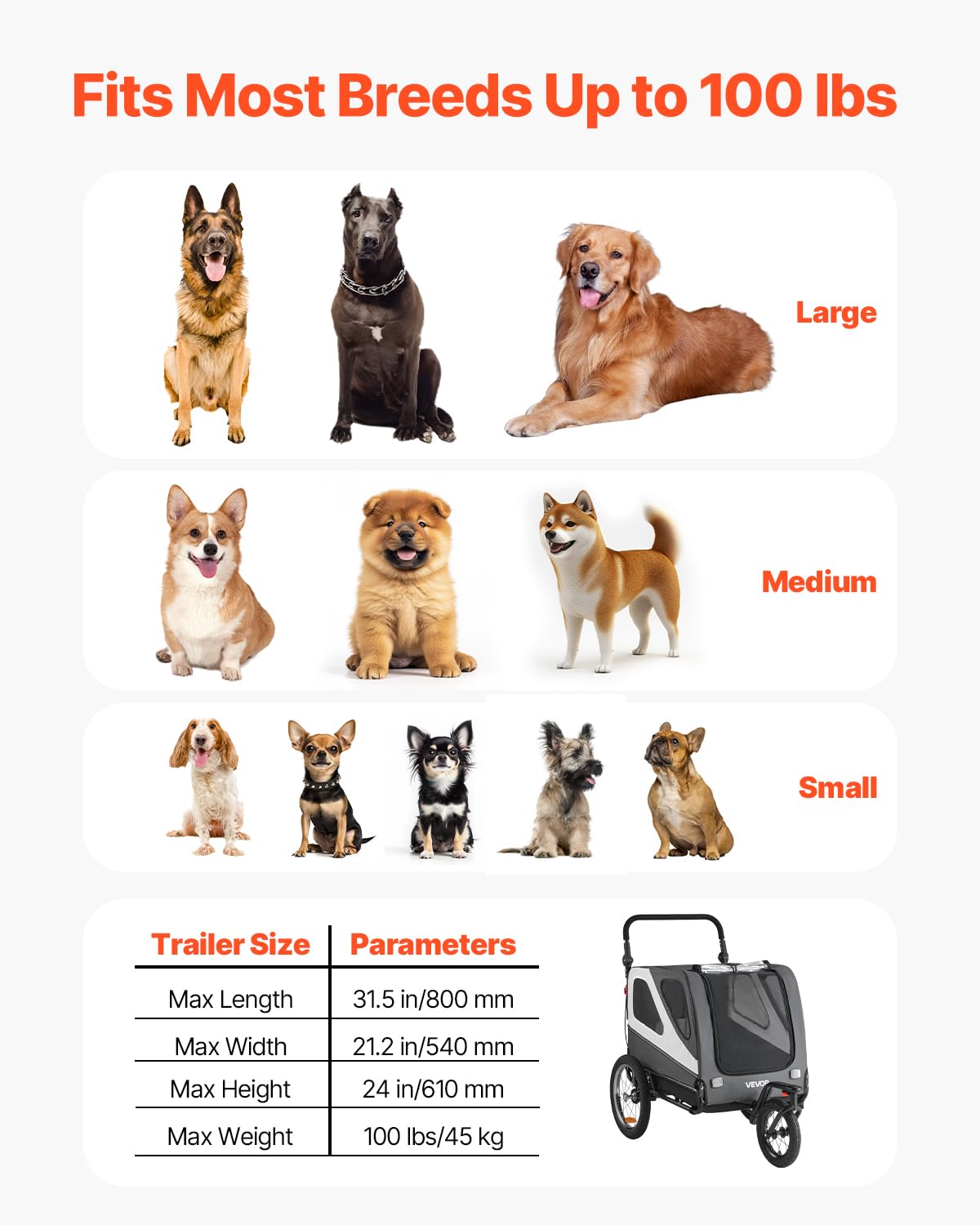 VEVOR Dog Bike Trailer, Supports up to 66/88/100 lbs, 2-in-1 Pet Stroller Cart Bicycle Carrier, Easy Folding Cart Frame with Quick Release Wheels, Universal Bicycle Coupler, Reflectors, Flag - Image 3