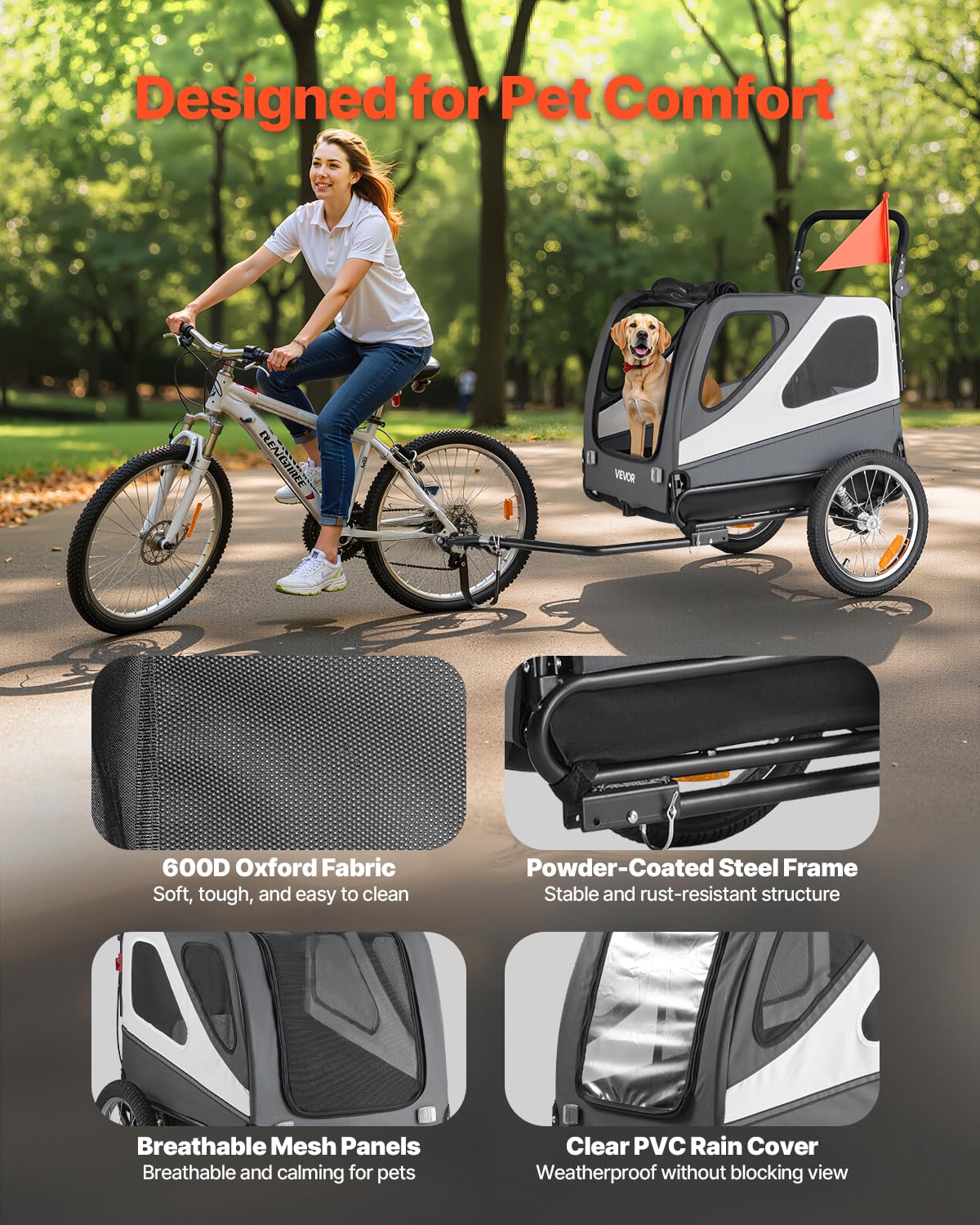 VEVOR Dog Bike Trailer, Supports up to 66/88/100 lbs, 2-in-1 Pet Stroller Cart Bicycle Carrier, Easy Folding Cart Frame with Quick Release Wheels, Universal Bicycle Coupler, Reflectors, Flag - Image 4