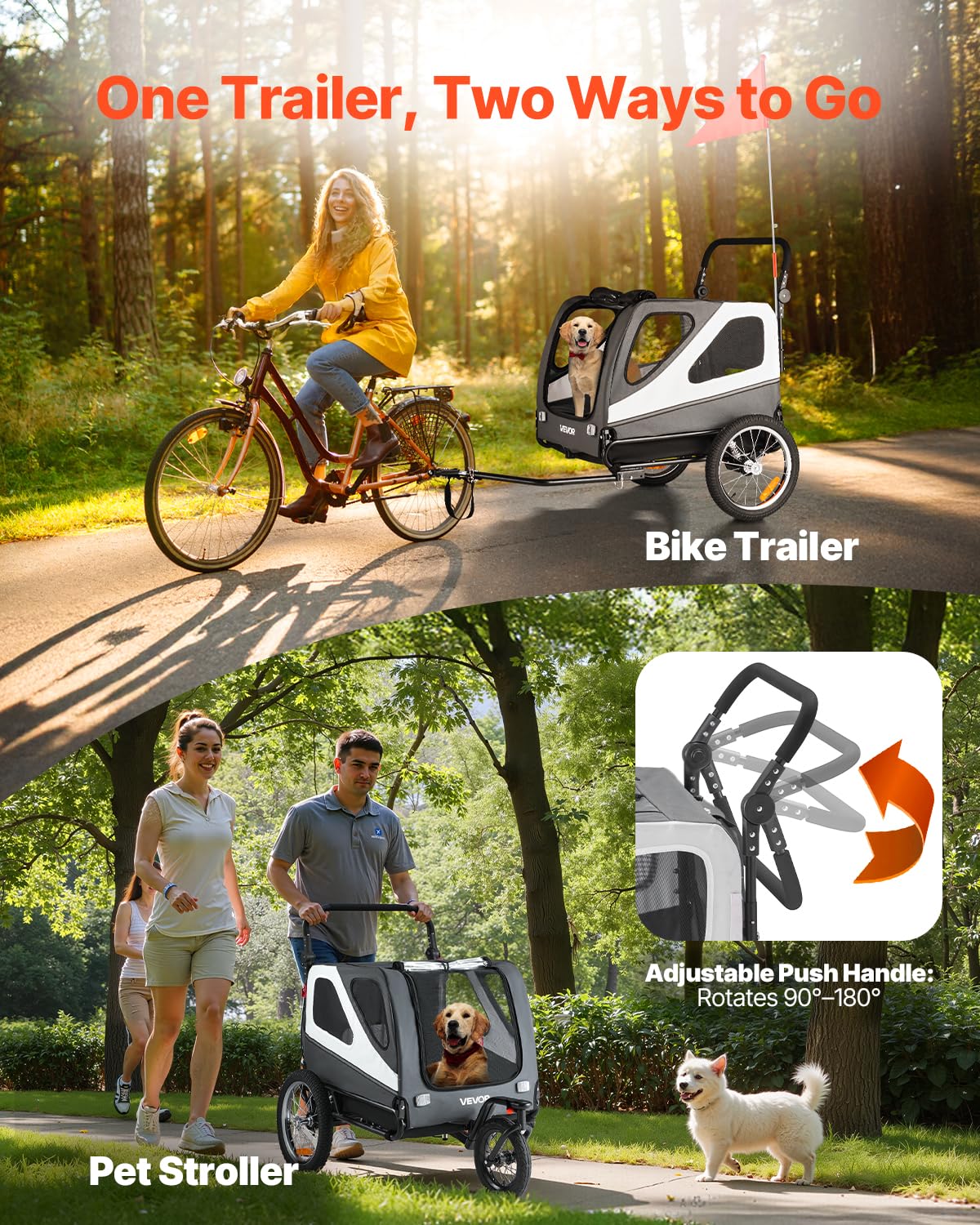 VEVOR Dog Bike Trailer, Supports up to 66/88/100 lbs, 2-in-1 Pet Stroller Cart Bicycle Carrier, Easy Folding Cart Frame with Quick Release Wheels, Universal Bicycle Coupler, Reflectors, Flag - Image 6