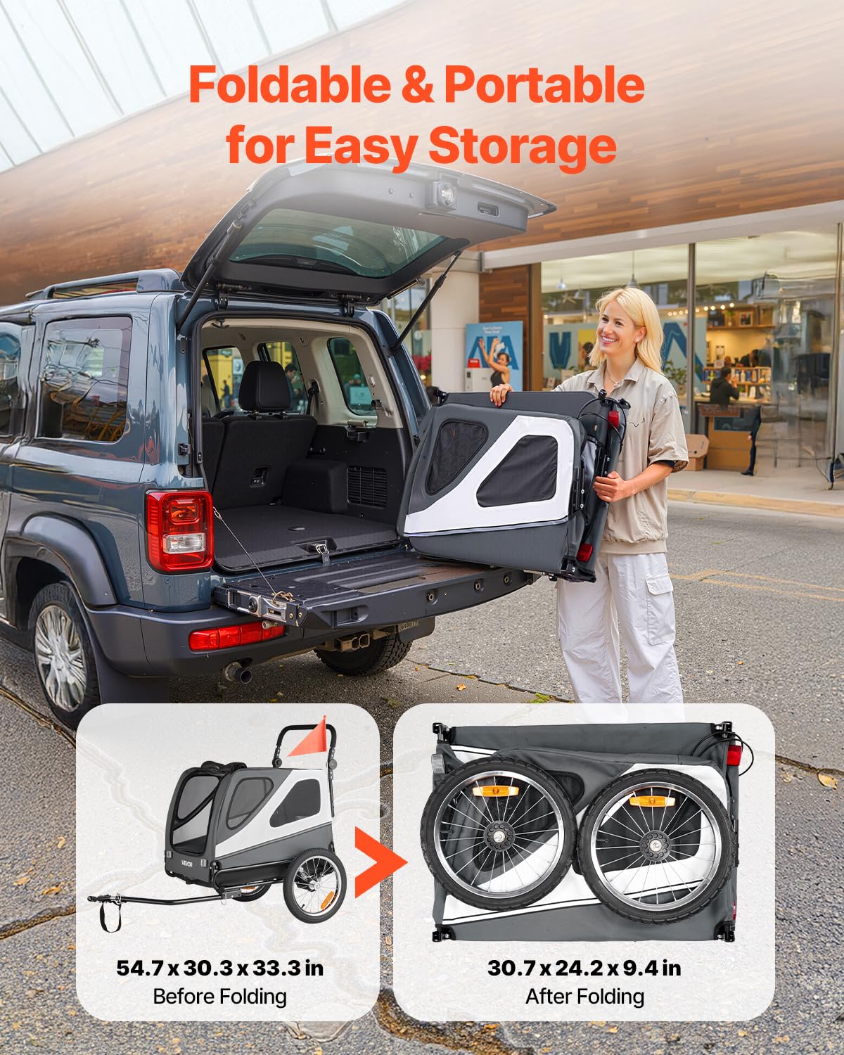 VEVOR Dog Bike Trailer, Supports up to 66/88/100 lbs, 2-in-1 Pet Stroller Cart Bicycle Carrier, Easy Folding Cart Frame with Quick Release Wheels, Universal Bicycle Coupler, Reflectors, Flag - Image 7