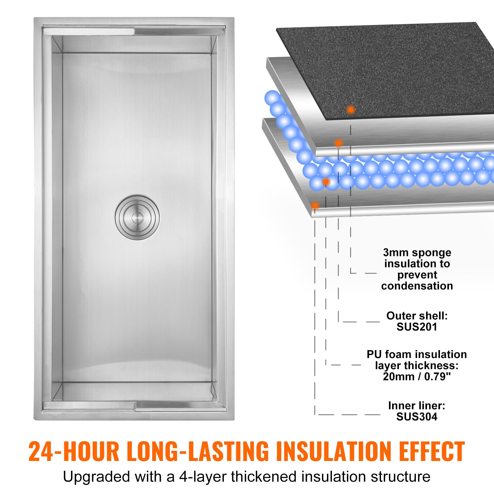 VEVOR Drop in Ice Chest, 36"L x 18"W x 14"H Stainless Steel Ice Cooler, Commercial Ice Bin with Sliding Cover, 40.9 qt Outdoor Kitchen Ice Bar, Drain-pipe and Drain Plug Included, for Cold Wine Beer - Image 3