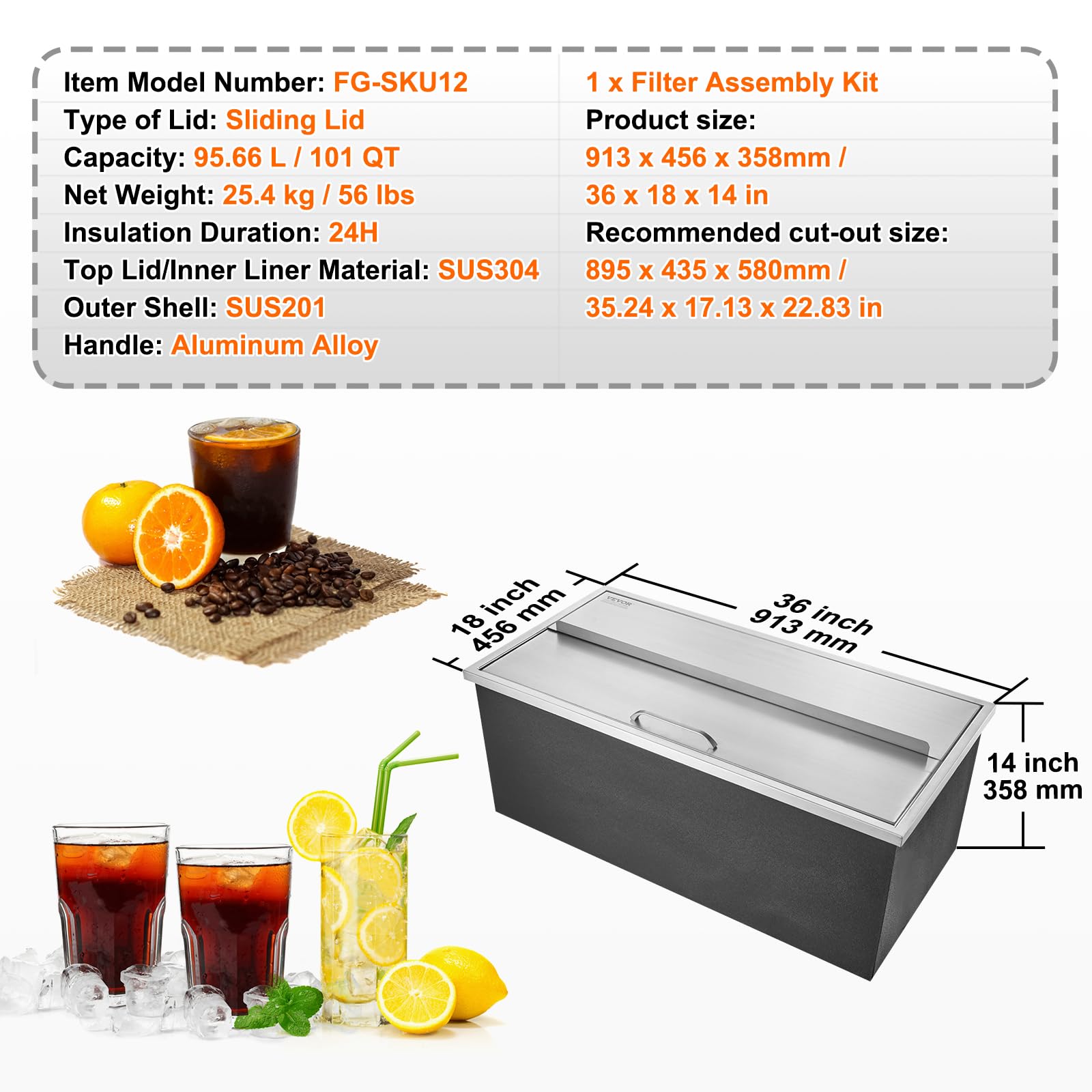 VEVOR Drop in Ice Chest, 36"L x 18"W x 14"H Stainless Steel Ice Cooler, Commercial Ice Bin with Sliding Cover, 40.9 qt Outdoor Kitchen Ice Bar, Drain-pipe and Drain Plug Included, for Cold Wine Beer - Image 7