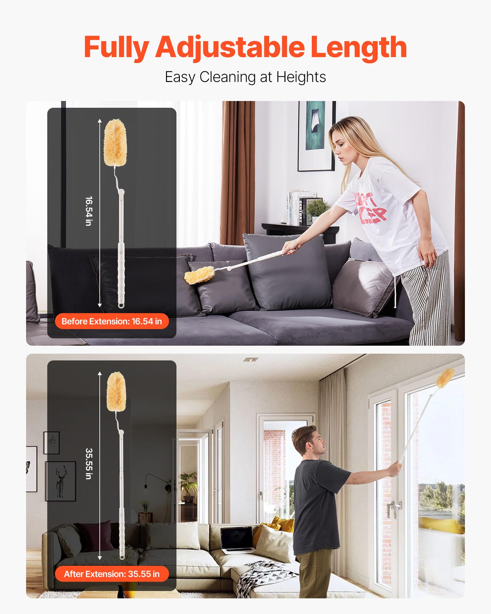 VEVOR Duster Refills, Heavy Duty Dusters for Cleaning, 3 ft Extendable Handle with 10 Refills, Reusable Non-Woven Fabric 360° Cleaning Kit for Dusting Furniture, Blinds, Ceiling Fans, Walls, Corners - Image 3