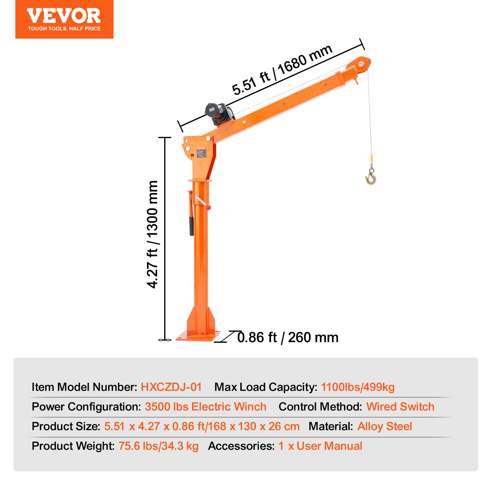 VEVOR Electric Pickup Truck Crane, 1100 lbs, Folding Truck-Mounted Bed Crane with Electric Winch 3500 lbs, 360° Swivel for Lifting Goods in Construction, Factory - Image 7
