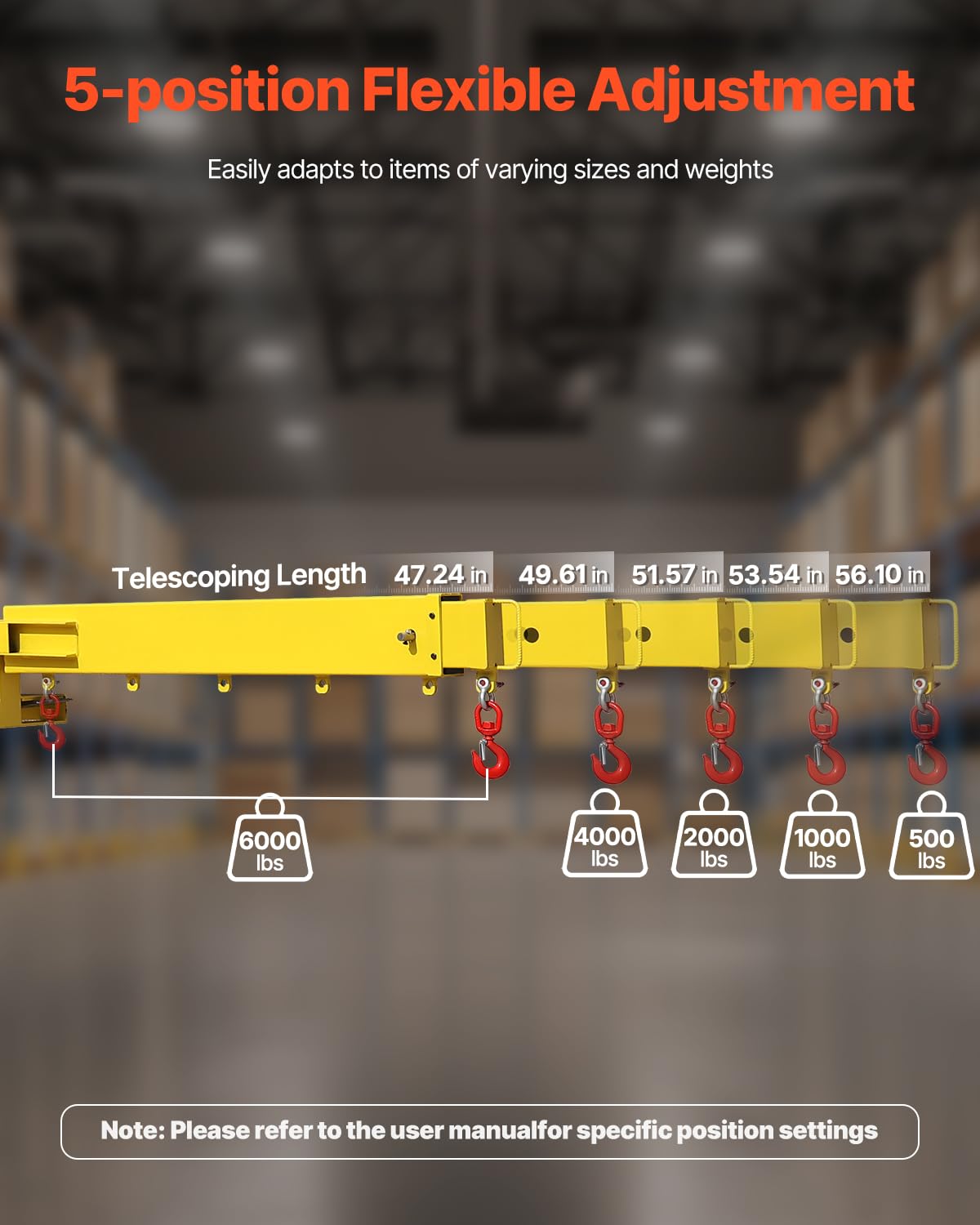 VEVOR Forklift Jib Boom Crane, 6000lbs Capacity, Manual Telescoping Boom Extends Up to 56.1 inches, Forklift Mobile Crane with 2 Hooks, Adjustable Forklift Crane Attachment for Warehouse, Factories - Image 4