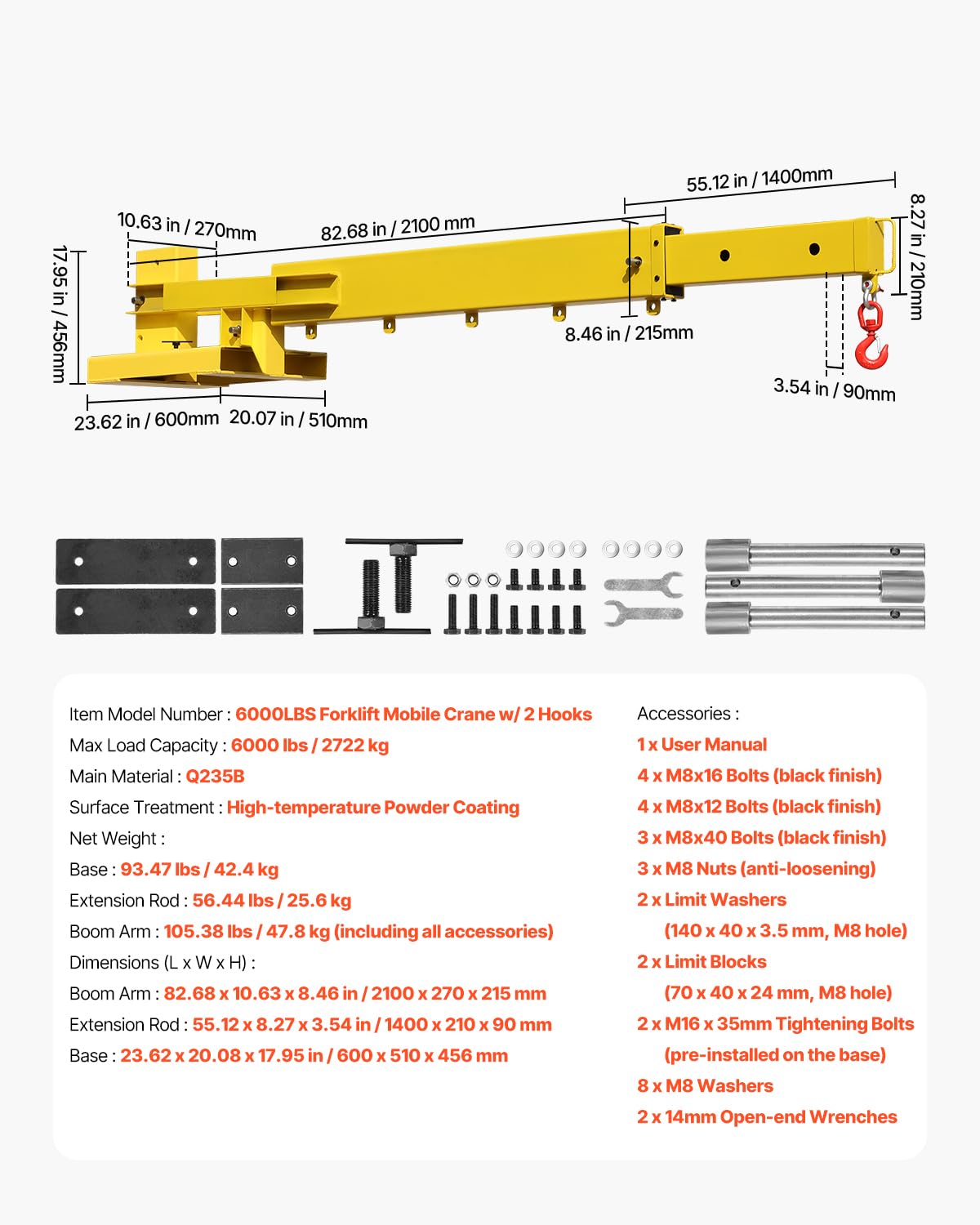 VEVOR Forklift Jib Boom Crane, 6000lbs Capacity, Manual Telescoping Boom Extends Up to 56.1 inches, Forklift Mobile Crane with 2 Hooks, Adjustable Forklift Crane Attachment for Warehouse, Factories - Image 7