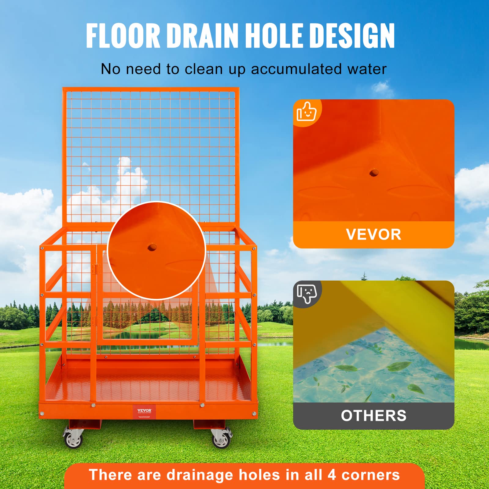 VEVOR Forklift Safety Cage, Forklift Man Basket 1400lbs Capacity, 43"x45" Work Platform with Safety Harness & Lock, Drain Hole & Wheels & Tool Basket, Perfect for Aerial Work - Image 4