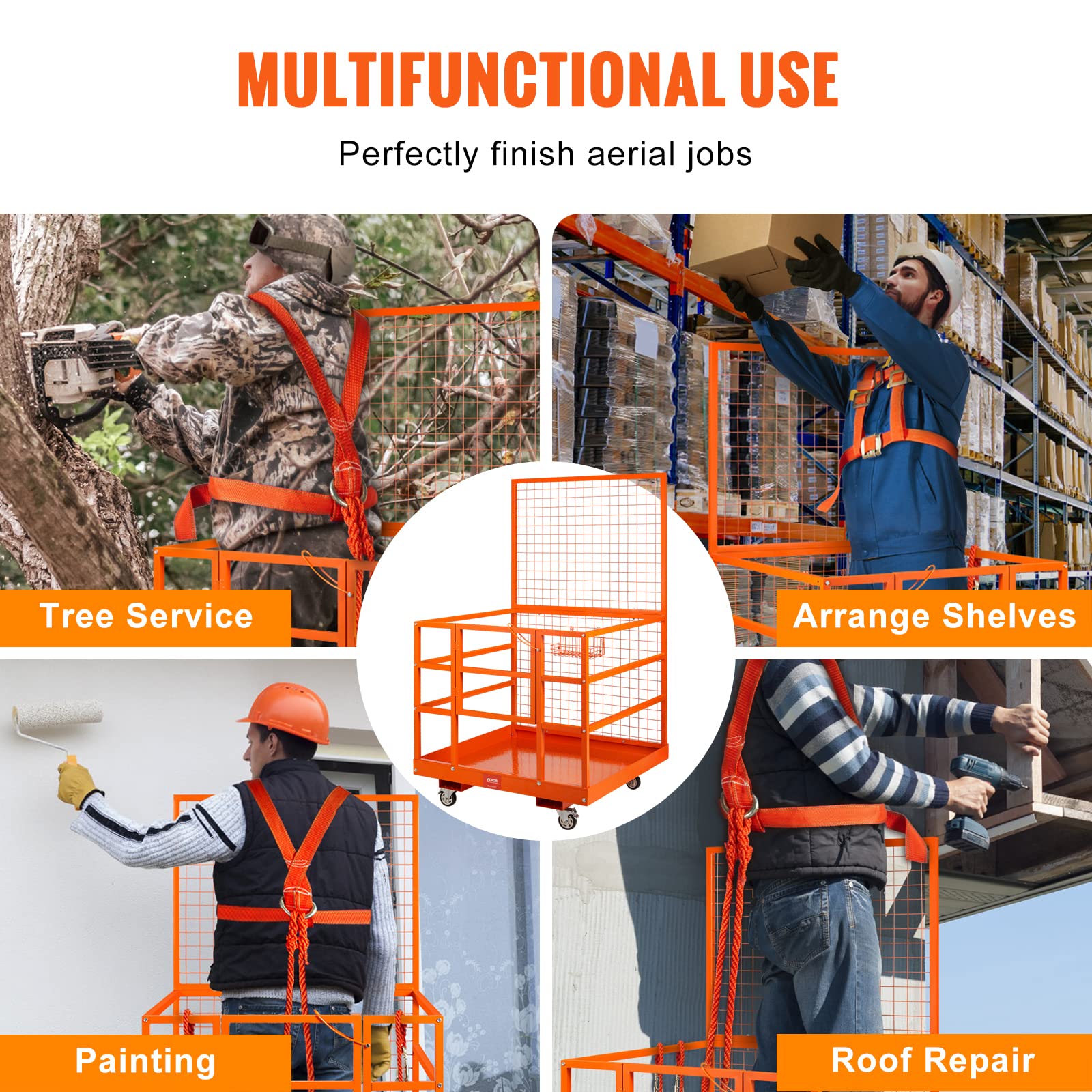 VEVOR Forklift Safety Cage, Forklift Man Basket 1400lbs Capacity, 43"x45" Work Platform with Safety Harness & Lock, Drain Hole & Wheels & Tool Basket, Perfect for Aerial Work - Image 6