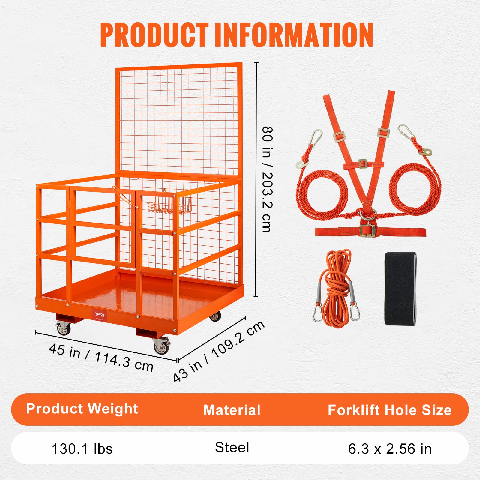 VEVOR Forklift Safety Cage, Forklift Man Basket 1400lbs Capacity, 43"x45" Work Platform with Safety Harness & Lock, Drain Hole & Wheels & Tool Basket, Perfect for Aerial Work - Image 7