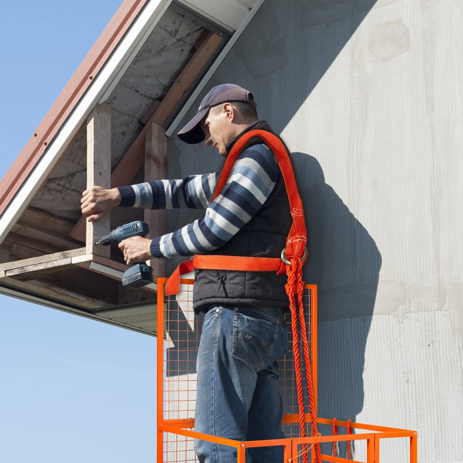 VEVOR Forklift Safety Cage, Forklift Man Basket 1400lbs Capacity, 43"x45" Work Platform with Safety Harness & Lock, Drain Hole & Wheels & Tool Basket, Perfect for Aerial Work - Image 8
