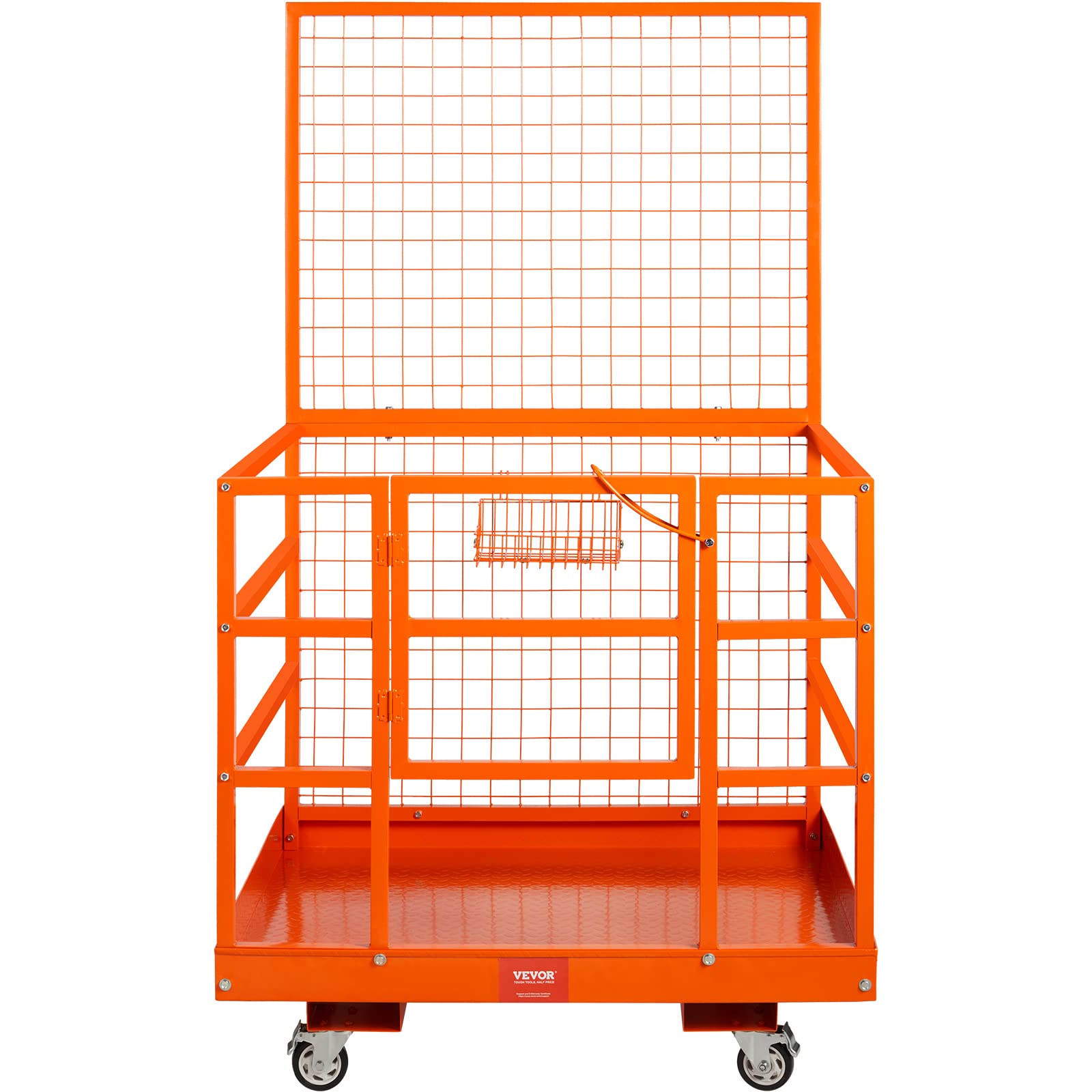 VEVOR Forklift Safety Cage, Forklift Man Basket 1400lbs Capacity, 43"x45" Work Platform with Safety Harness & Lock, Drain Hole & Wheels & Tool Basket, Perfect for Aerial Work - Image 9