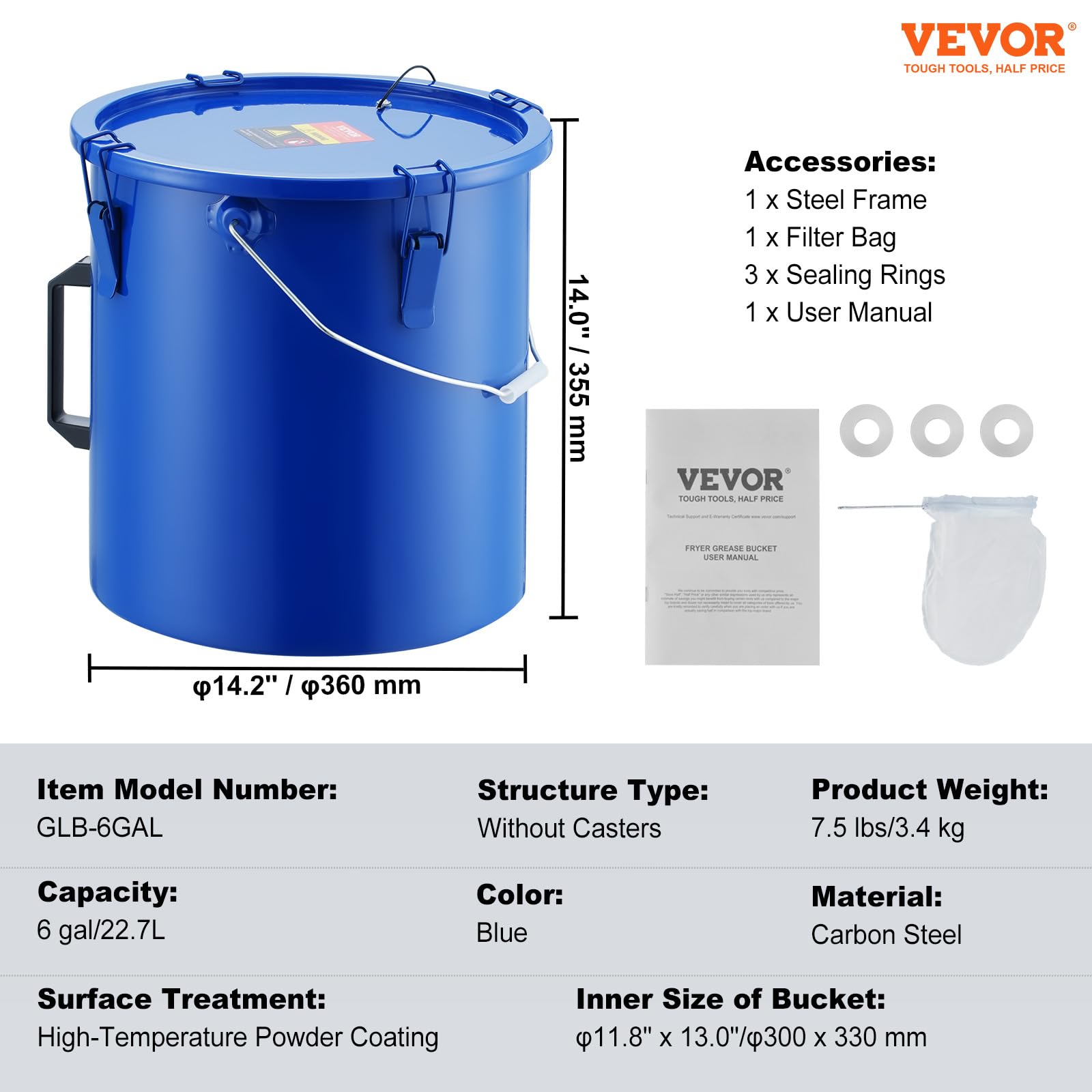 VEVOR Fryer Grease Bucket - 6 Gal Carbon Steel Oil Disposal Caddy with Rust-Proof Coating, Transport Container with Lid, Lock Clips, Filter Bag for Hot Cooking Oil Filtering - Image 7
