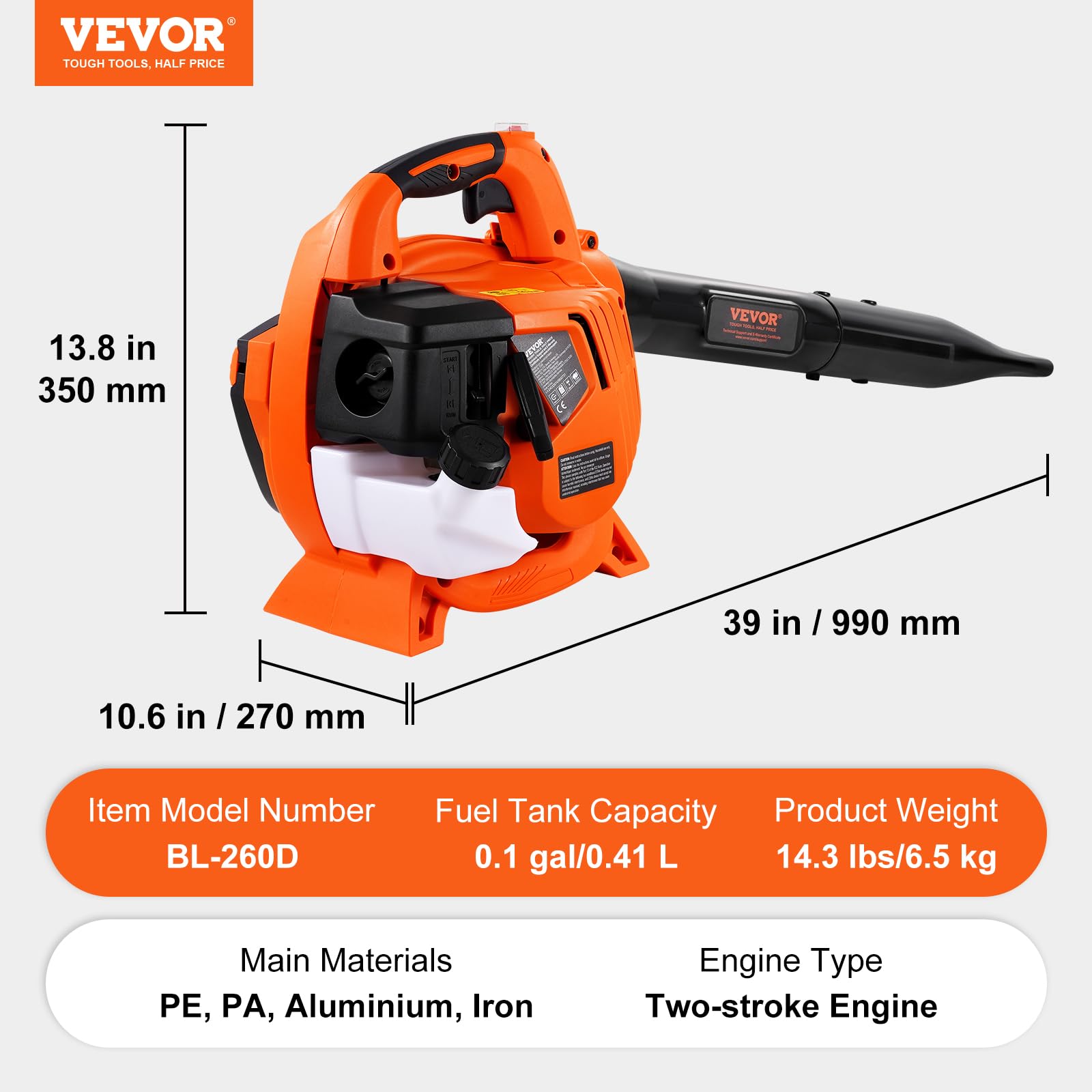 VEVOR Gas Leaf Blower, 26CC 2-Cycle Handheld Leaf Blower Gas Powered with 425-CFM and 156-MPH Powerful Performance, Ideal for Lawn Care, Leaf Cleaning, and Snow Removal - Image 7
