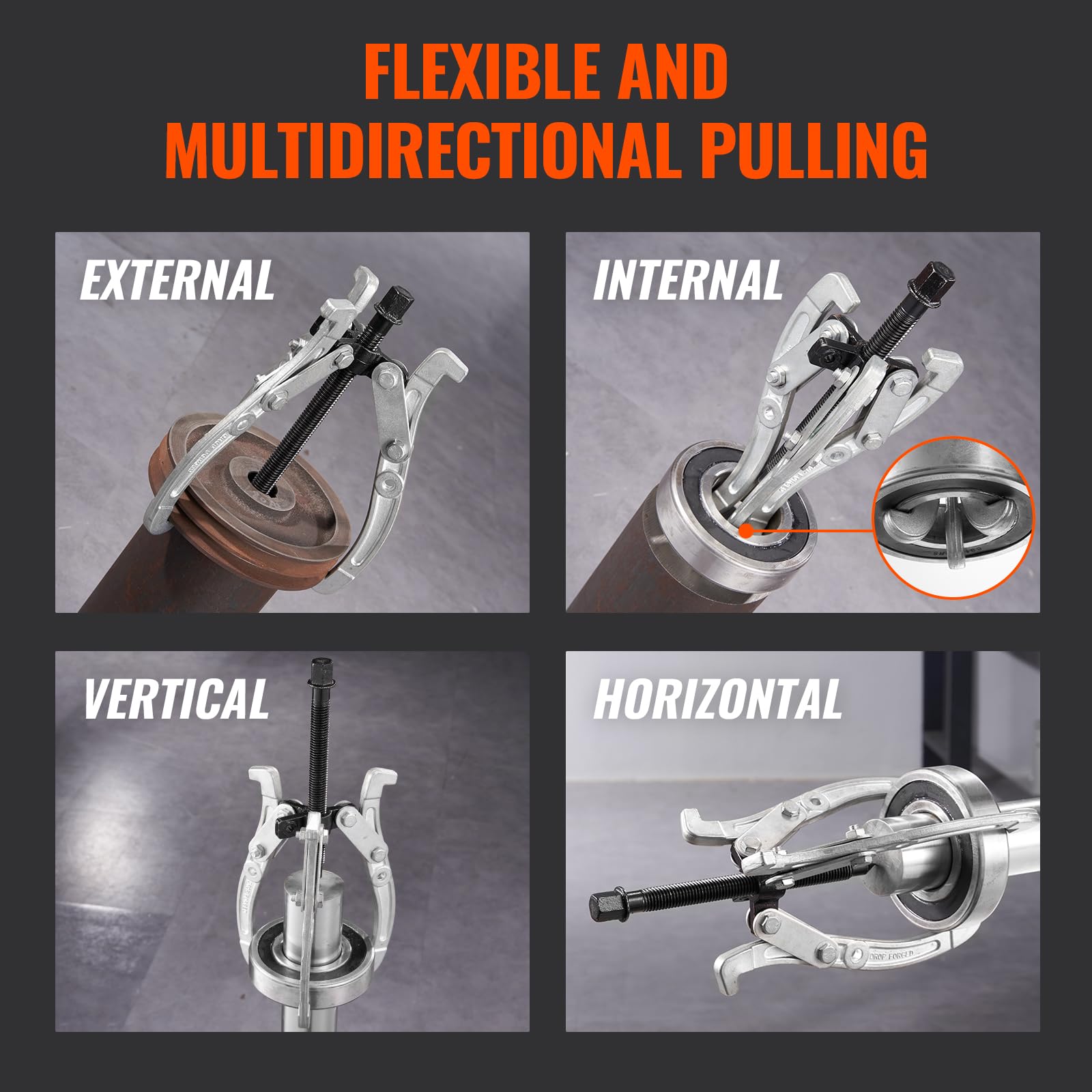 VEVOR Gear Puller Set, 3" 4" 6" 8" Puller Kit, 3 Jaw Gear Bearing Flywheel Pulley Removal Tool, 2 or 3 Reversible Jaws Wheel Puller, Vertically and Horizontally, External and Internal, 4-Piece - Image 5