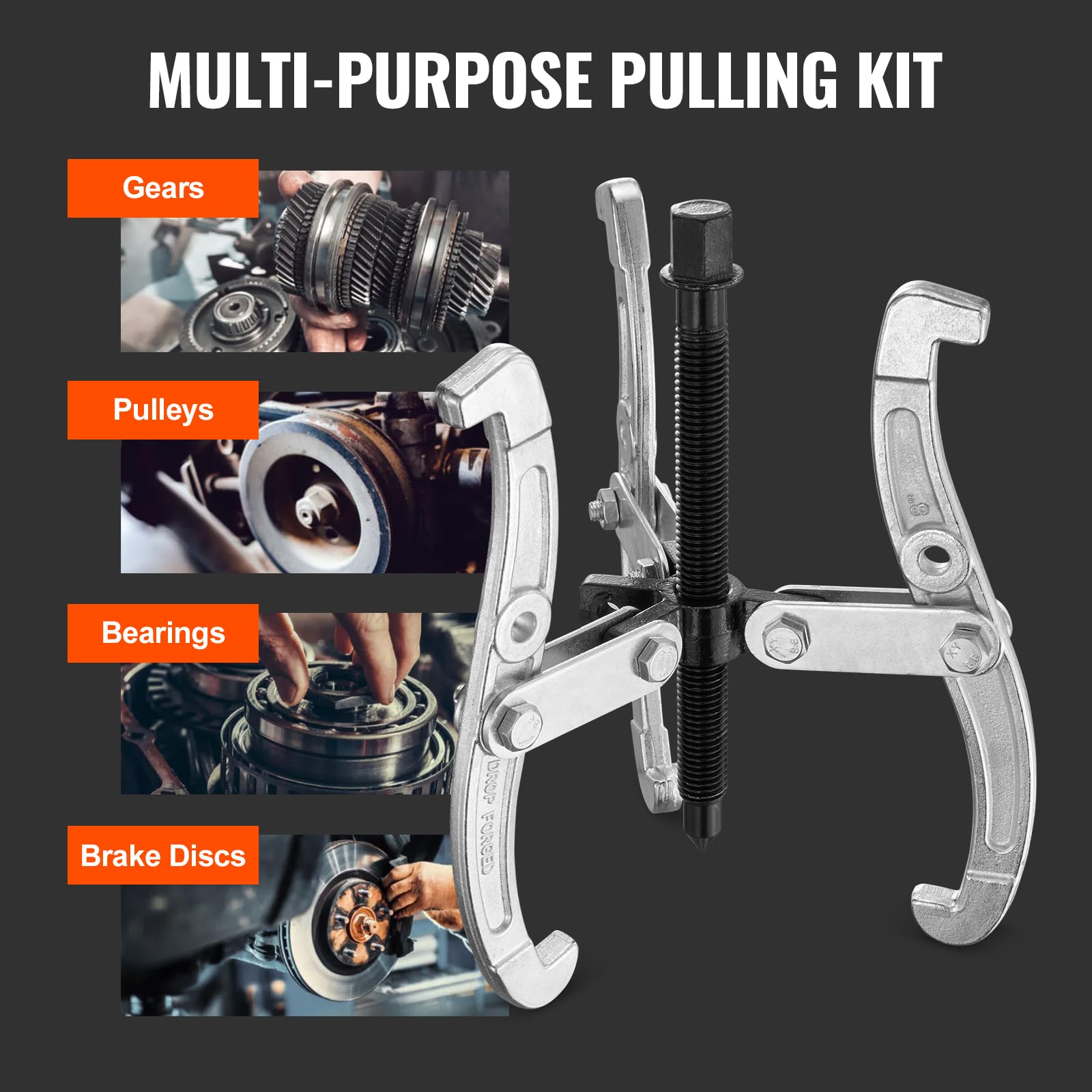 VEVOR Gear Puller Set, 3" 4" 6" 8" Puller Kit, 3 Jaw Gear Bearing Flywheel Pulley Removal Tool, 2 or 3 Reversible Jaws Wheel Puller, Vertically and Horizontally, External and Internal, 4-Piece - Image 7