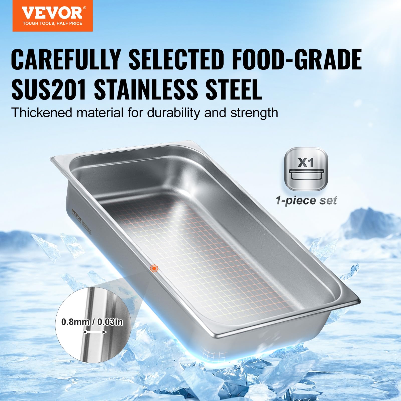VEVOR Hotel Pan, Full Size Anti-Jam Steam Pans, 0.8mm Thick Stainless Steel 4-Inch Deep Commercial Table Pan, Catering Storage Food Pans, for Industrial & Scientific - Image 3