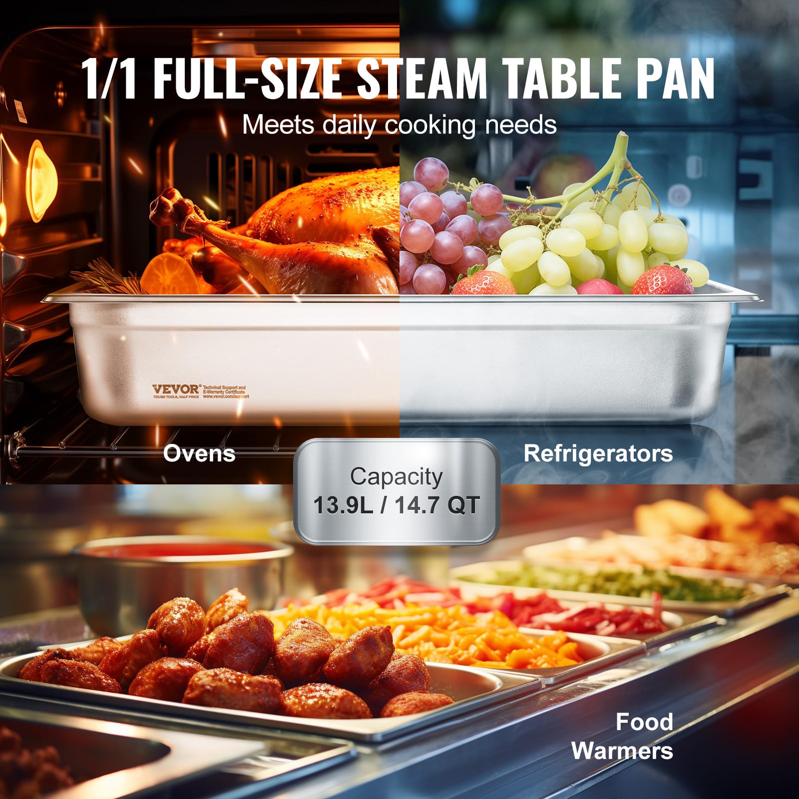 VEVOR Hotel Pan, Full Size Anti-Jam Steam Pans, 0.8mm Thick Stainless Steel 4-Inch Deep Commercial Table Pan, Catering Storage Food Pans, for Industrial & Scientific - Image 4