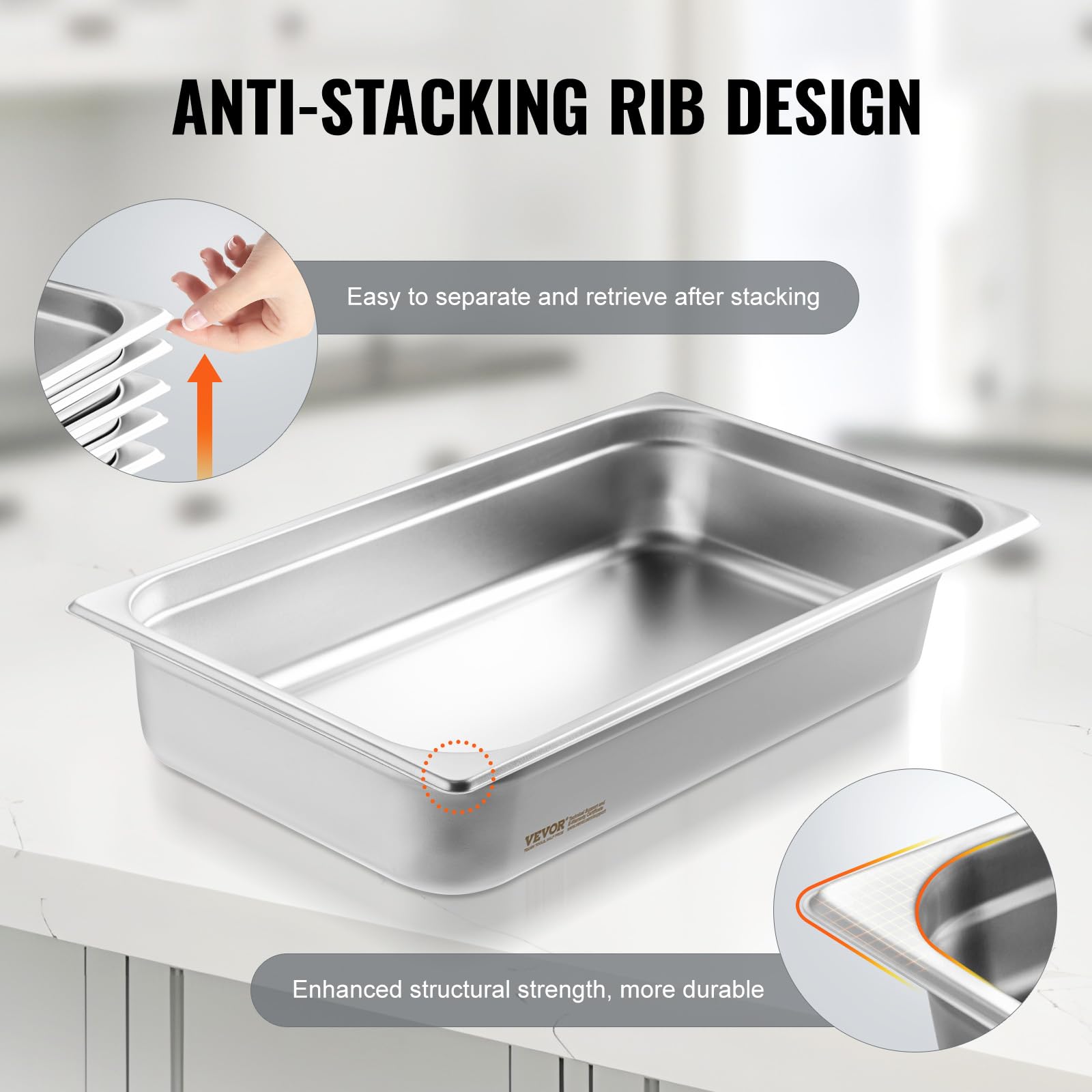 VEVOR Hotel Pan, Full Size Anti-Jam Steam Pans, 0.8mm Thick Stainless Steel 4-Inch Deep Commercial Table Pan, Catering Storage Food Pans, for Industrial & Scientific - Image 5