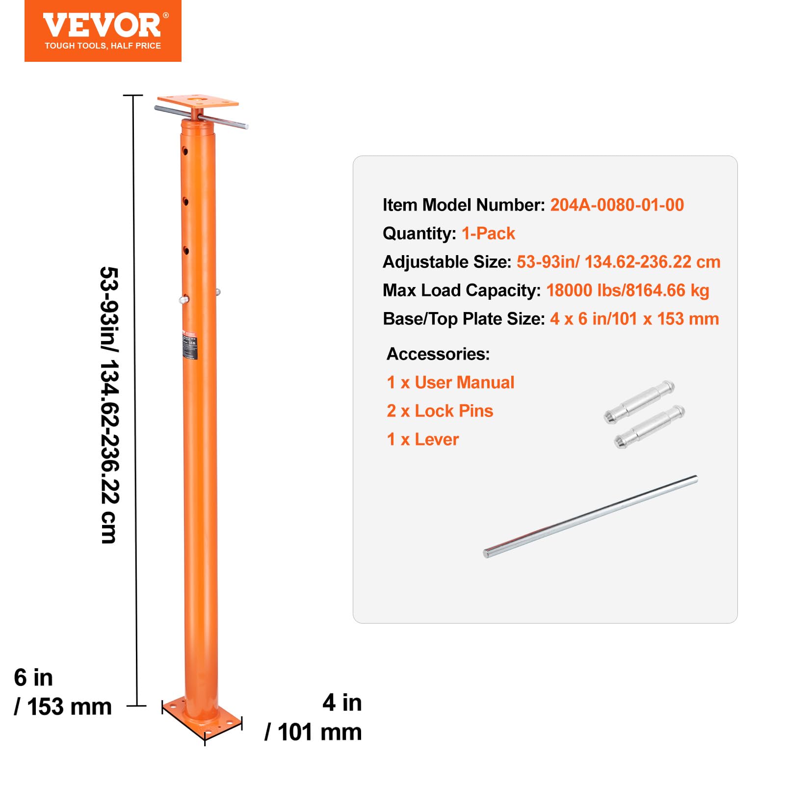 VEVOR House Floor Jack, 53"-93" Height Range, 18000 lbs Max Load Capacity, Adjustable Support Beam Basement Jack Post Pole for Leveling, Lift Support Steel Telescoping Jack Post for Temporary Support - Image 7