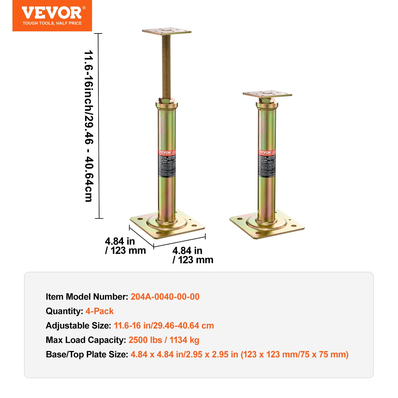 VEVOR House Floor Jacks, 4 PCS Post Floor Joist Jacks for Leveling, 11.6"-16" Height Range, Total Support up to 10000 LBS, Galvanized Telescoping Screw Jacks for Temporary Support - Image 7