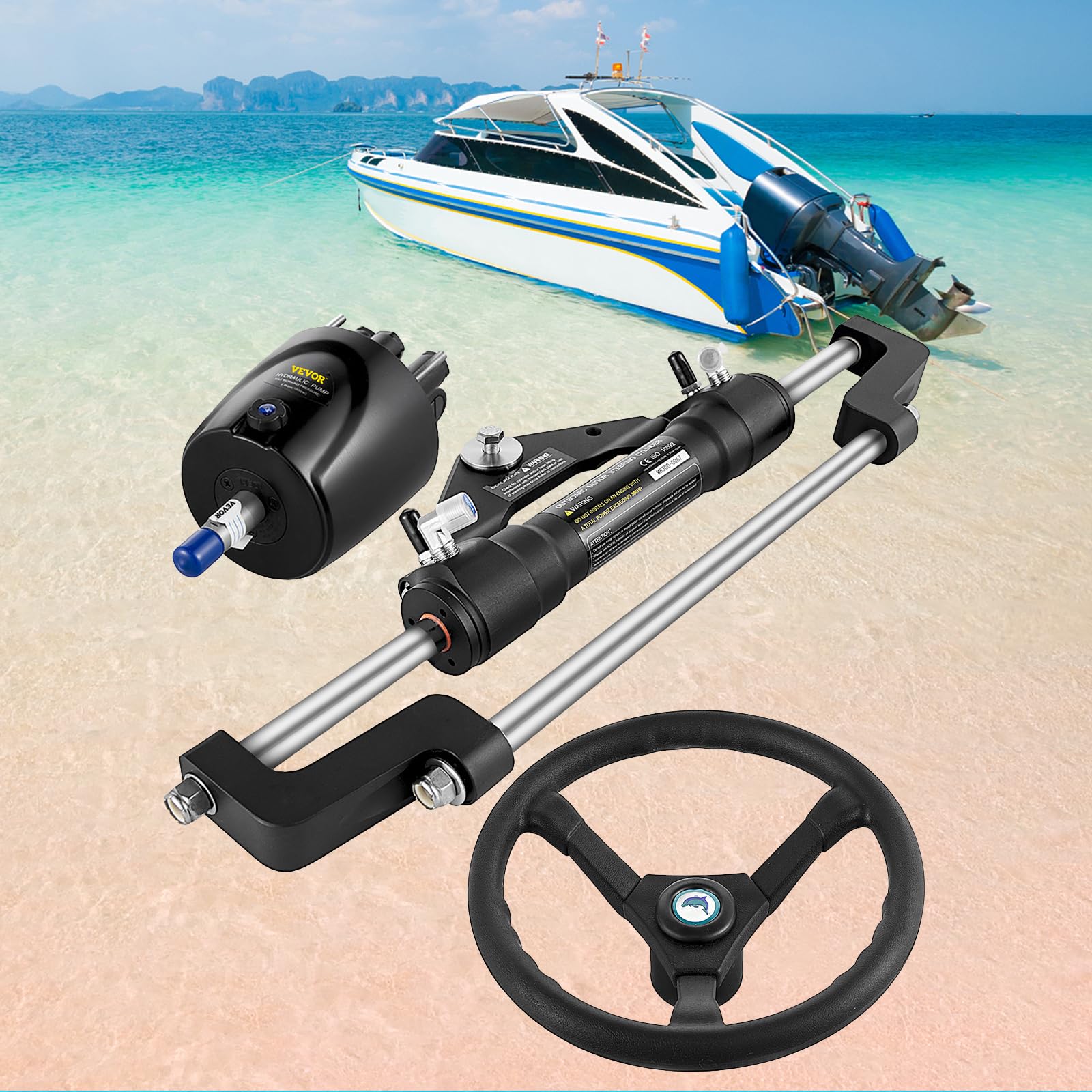 VEVOR Hydraulic Outboard Steering Kit, 90/150/300HP Helm Pump Marine Boat Hydraulic Steering System, 13.5 inch Steering Wheel with 10–26 ft Hydraulic Nylon Hose Option - Image 8