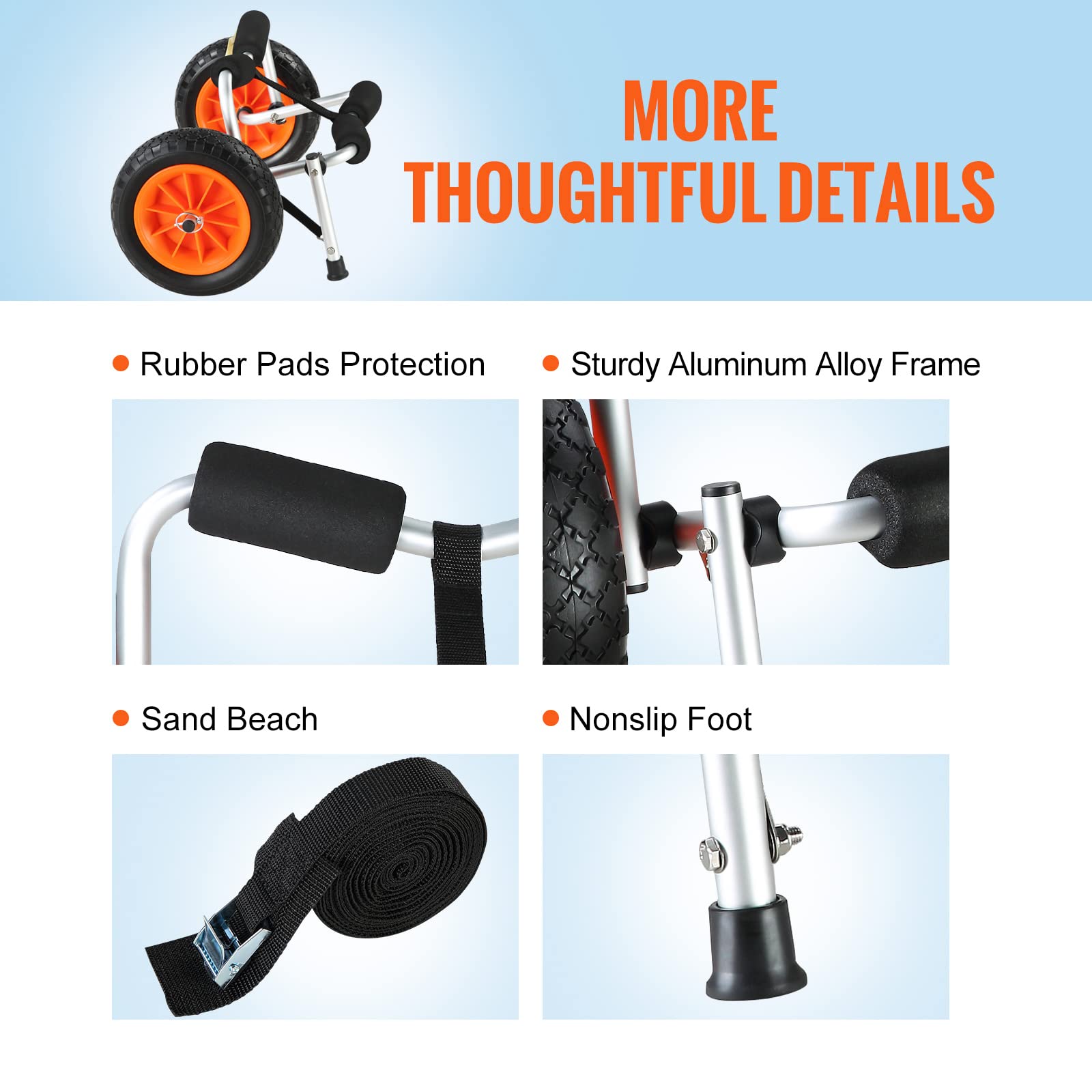 VEVOR Kayak Cart, 250lbs Load Capacity, Foldable Kayak Dolly Aluminum Kayak Wheels with 10'' Solid Tires for Kayaks Carrier Canoes Paddleboard Kayak Trolley Float Mats Jon Boats - Image 6