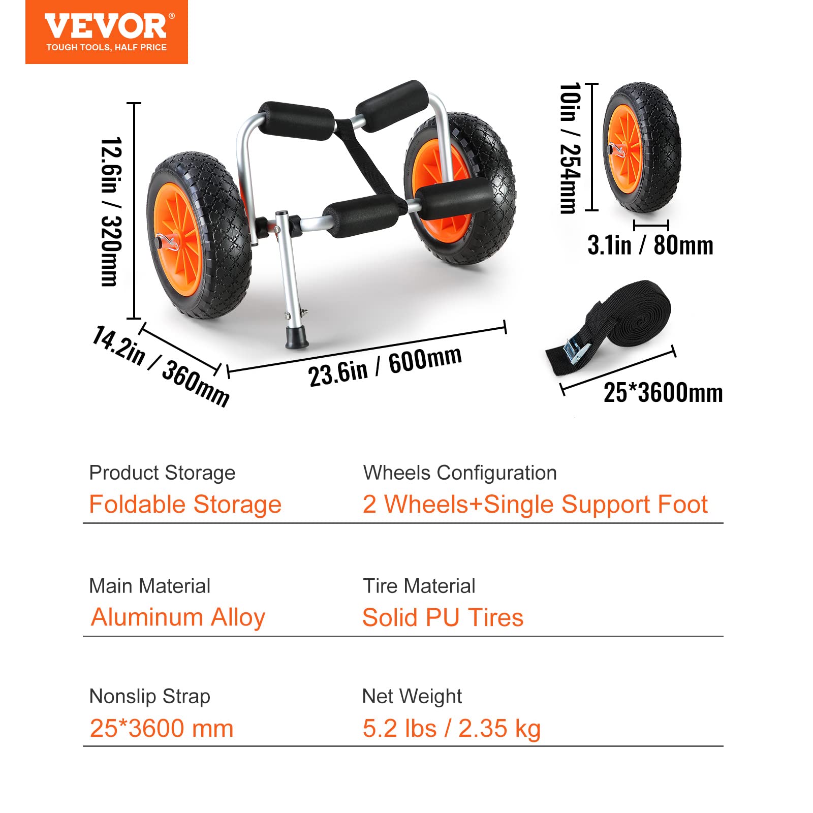 VEVOR Kayak Cart, 250lbs Load Capacity, Foldable Kayak Dolly Aluminum Kayak Wheels with 10'' Solid Tires for Kayaks Carrier Canoes Paddleboard Kayak Trolley Float Mats Jon Boats - Image 7