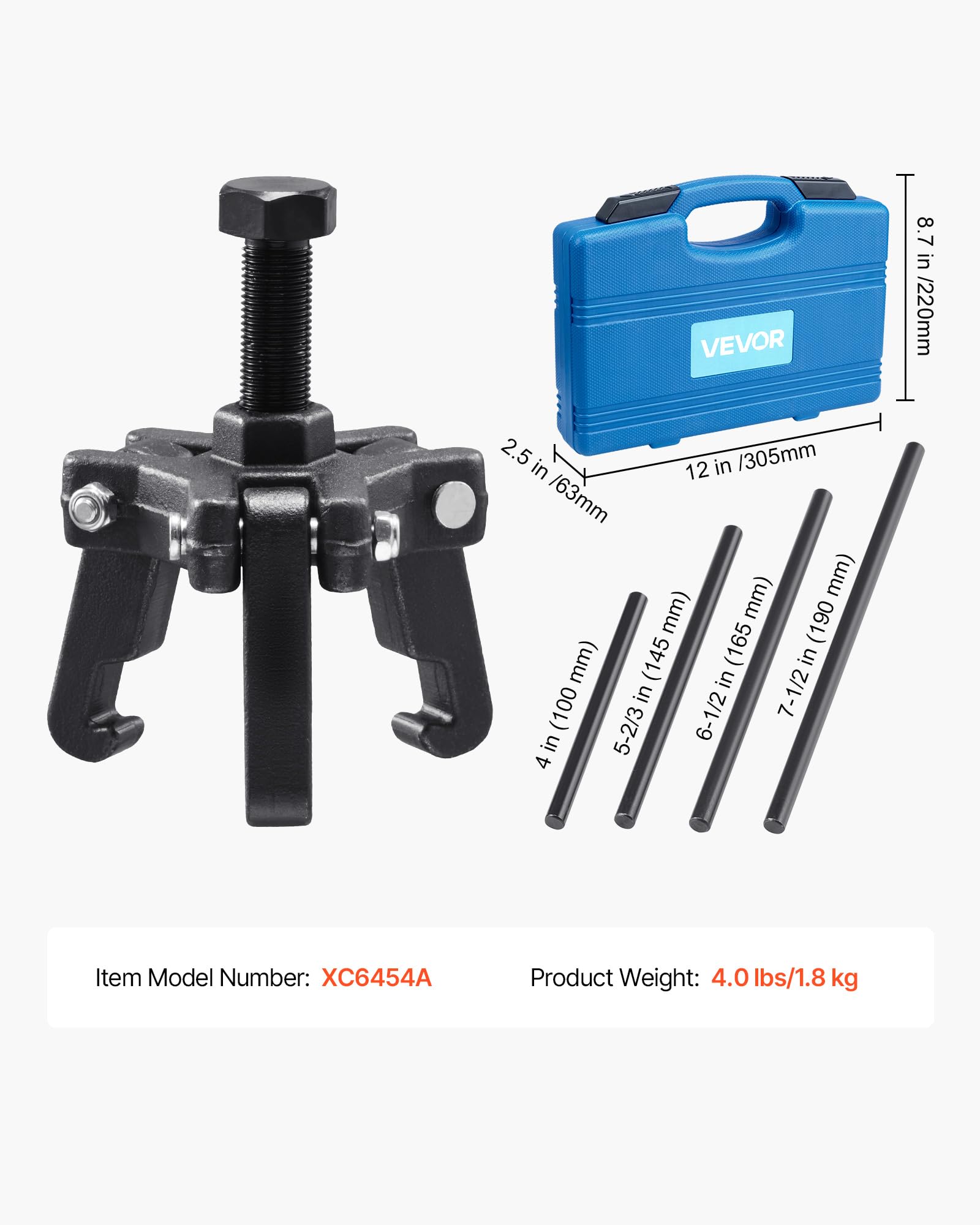 VEVOR LS Harmonic Balancer Puller Kit, Adjustable 3-Jaw Puller Fits Most Late Model Vehicles, 3-Jaw Pulley Puller Set with 4 Forcing Rods for Removing Harmonic Balancers Without Removing The Radiator - Image 7