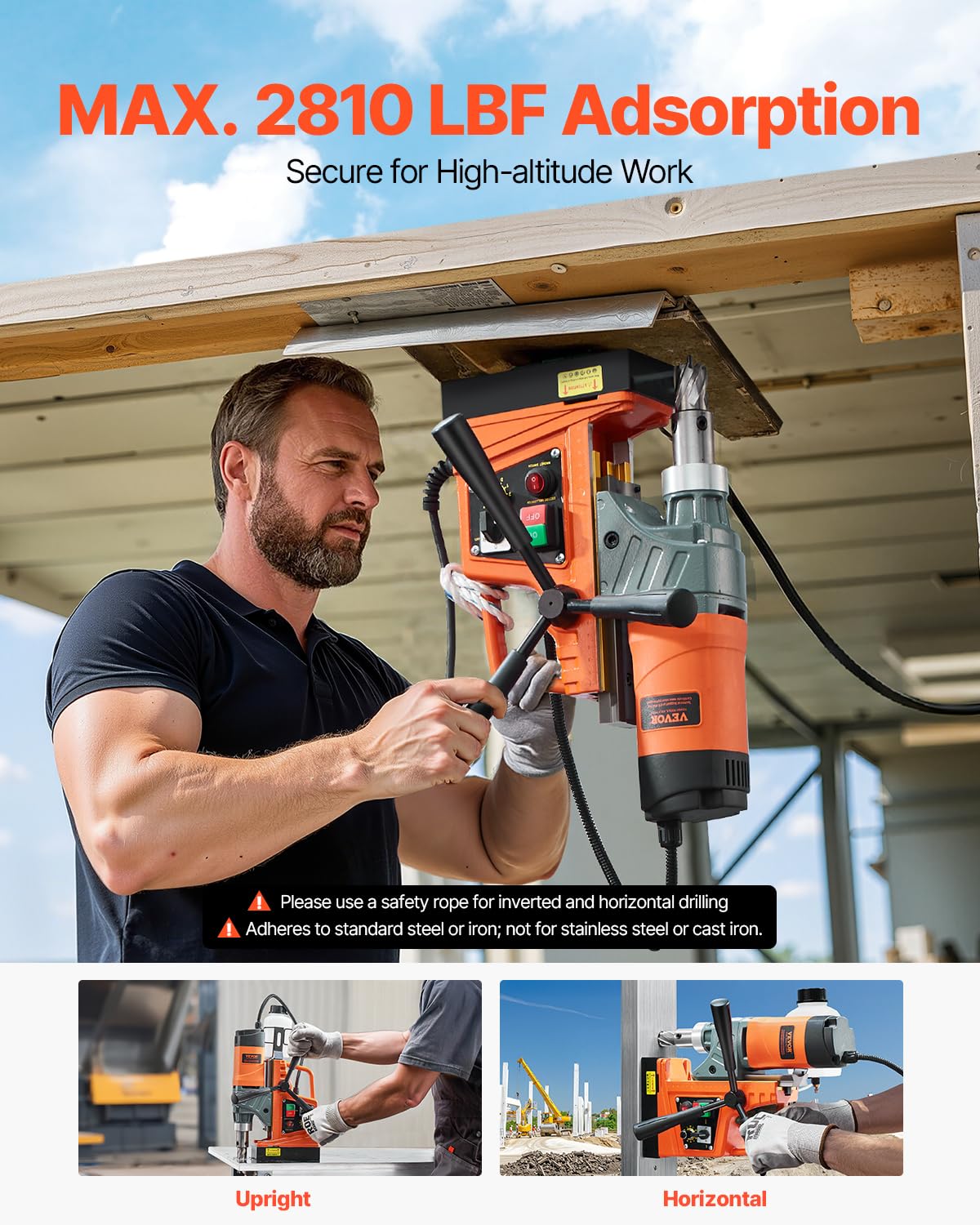 VEVOR Magnetic Drill, 1450W Motor 1.6 in Boring Diameter, 2810 lbf Portable Electric Mag Drill Press, with 2 Coring Bits, Variable Speed, Drilling Machine for Metal Surface, Home Improvement Industry - Image 5