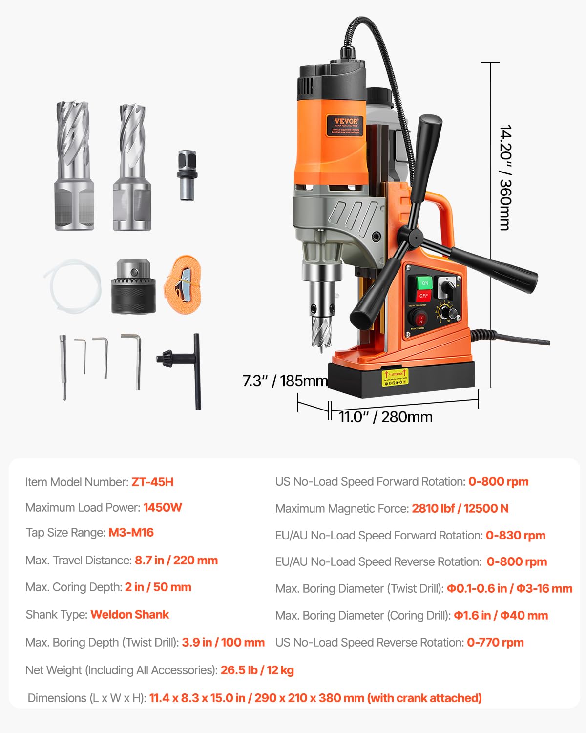 VEVOR Magnetic Drill, 1450W Motor 1.6 in Boring Diameter, 2810 lbf Portable Electric Mag Drill Press, with 2 Coring Bits, Variable Speed, Drilling Machine for Metal Surface, Home Improvement Industry - Image 7