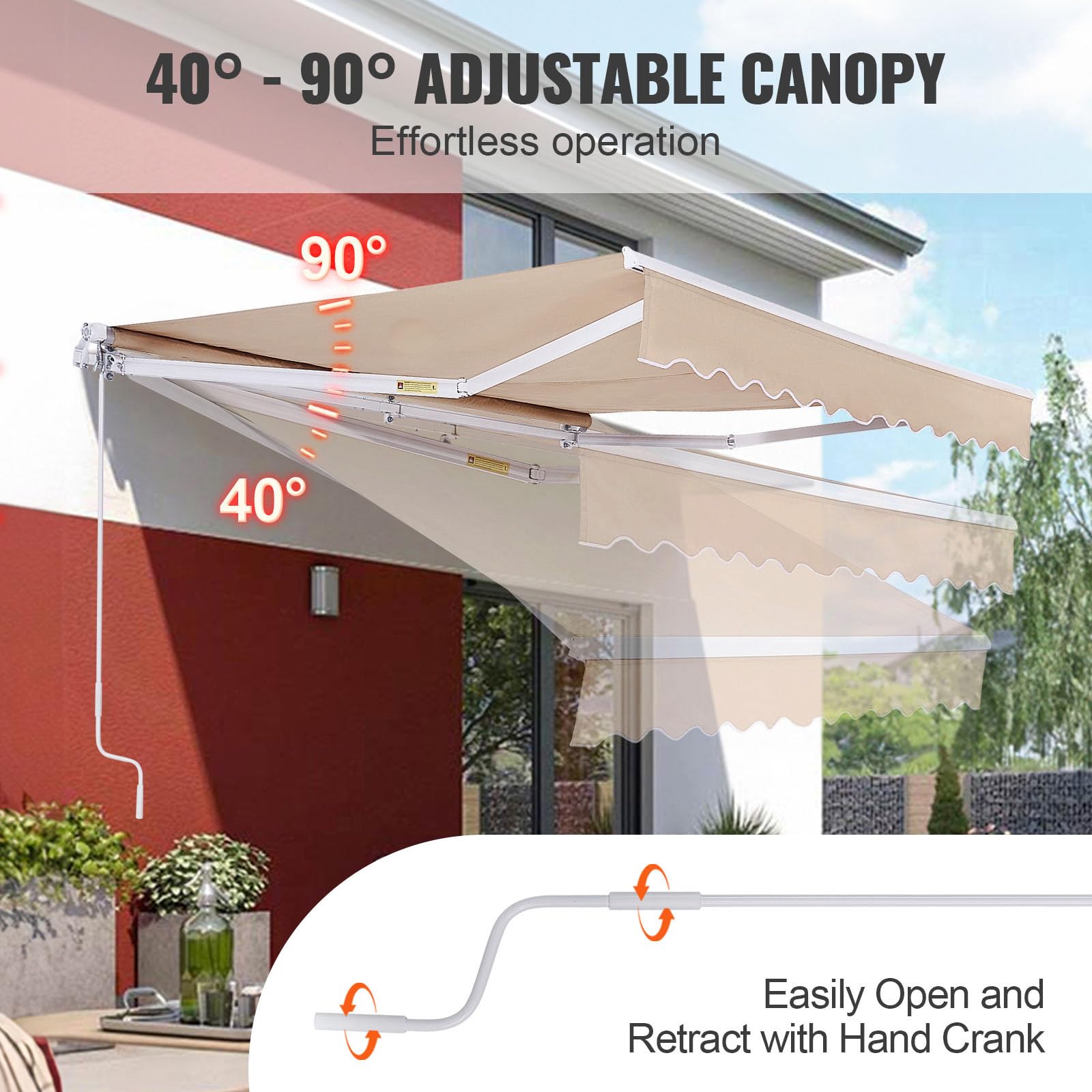 VEVOR Manual Retractable Awning, 12 x 10 ft Outdoor Patio Awning Retractable Sun Shade, Patio Door Window Water-Resistant Polyester Awning Sunshade Shelter with Crank Handle for Balcony, Backyard - Image 4