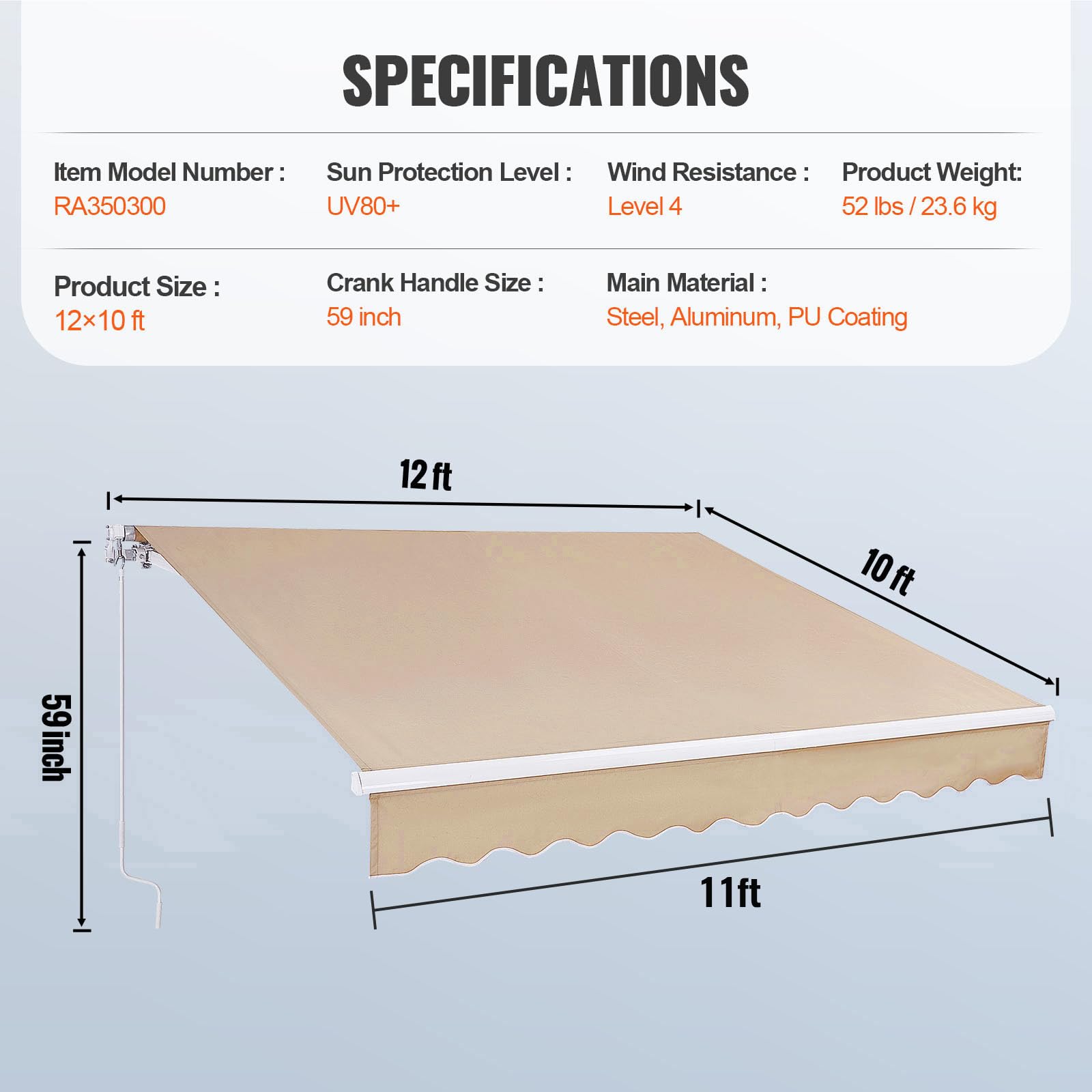 VEVOR Manual Retractable Awning, 12 x 10 ft Outdoor Patio Awning Retractable Sun Shade, Patio Door Window Water-Resistant Polyester Awning Sunshade Shelter with Crank Handle for Balcony, Backyard - Image 7