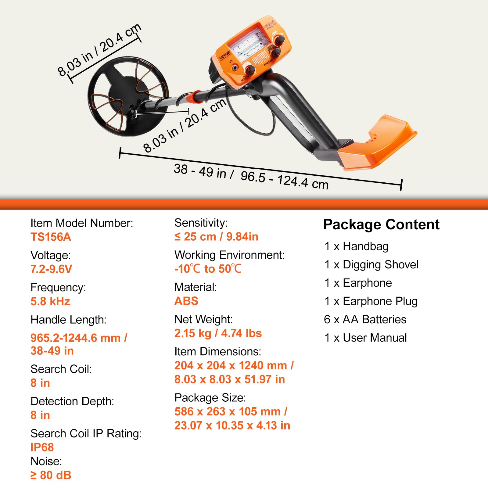 VEVOR Metal Detector for Adults & Kids, 8 Inch Waterproof Search Coil with High Accuracy Pointer Display, Adjustable 38''-49'' Gold Detector, Lightweight Aluminum Stem for Detecting Gold Treasure - Image 7