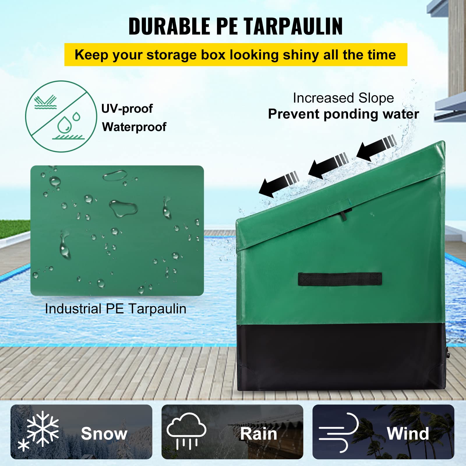 VEVOR Outdoor Storage Box, 230 Gallon Waterproof PE Tarpaulin Deck Box w/Galvanized Frame, All-Weather Protection & Portable, for Camping, Garden, Poolside, and Yard, Black & Green - Image 3