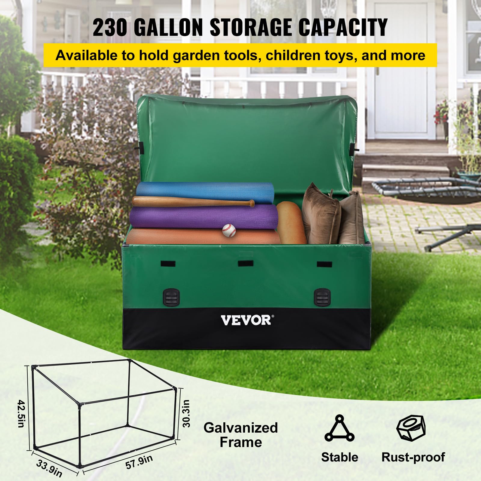 VEVOR Outdoor Storage Box, 230 Gallon Waterproof PE Tarpaulin Deck Box w/Galvanized Frame, All-Weather Protection & Portable, for Camping, Garden, Poolside, and Yard, Black & Green - Image 4