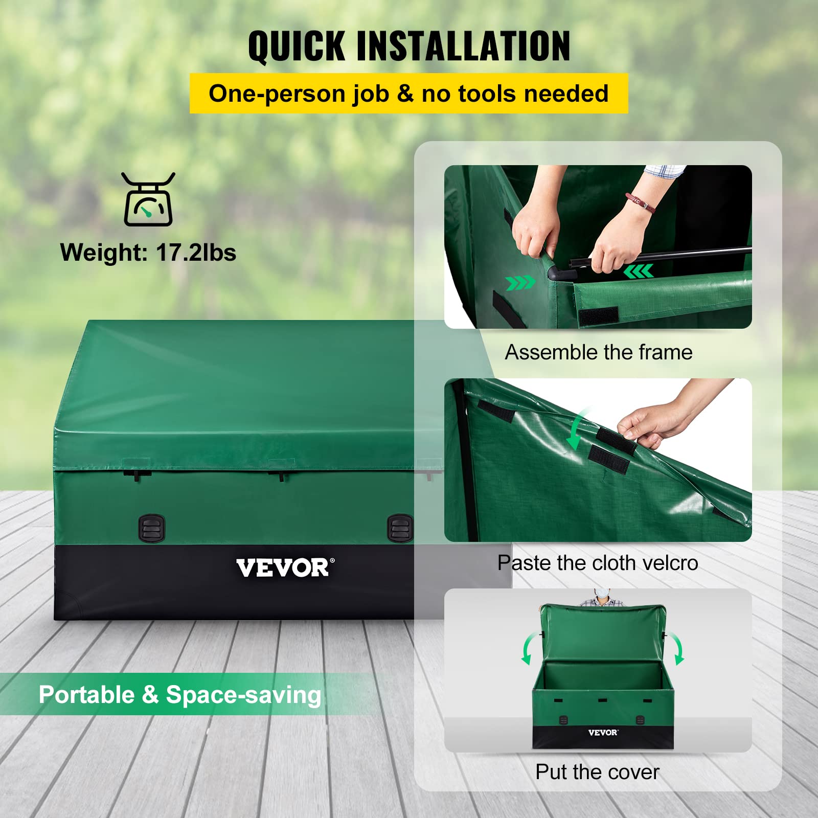 VEVOR Outdoor Storage Box, 230 Gallon Waterproof PE Tarpaulin Deck Box w/Galvanized Frame, All-Weather Protection & Portable, for Camping, Garden, Poolside, and Yard, Black & Green - Image 6