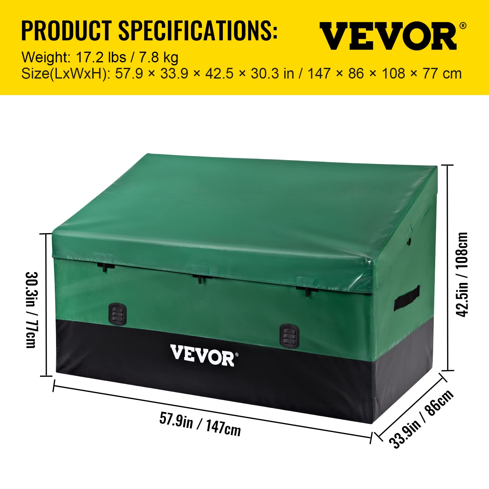 VEVOR Outdoor Storage Box, 230 Gallon Waterproof PE Tarpaulin Deck Box w/Galvanized Frame, All-Weather Protection & Portable, for Camping, Garden, Poolside, and Yard, Black & Green - Image 7