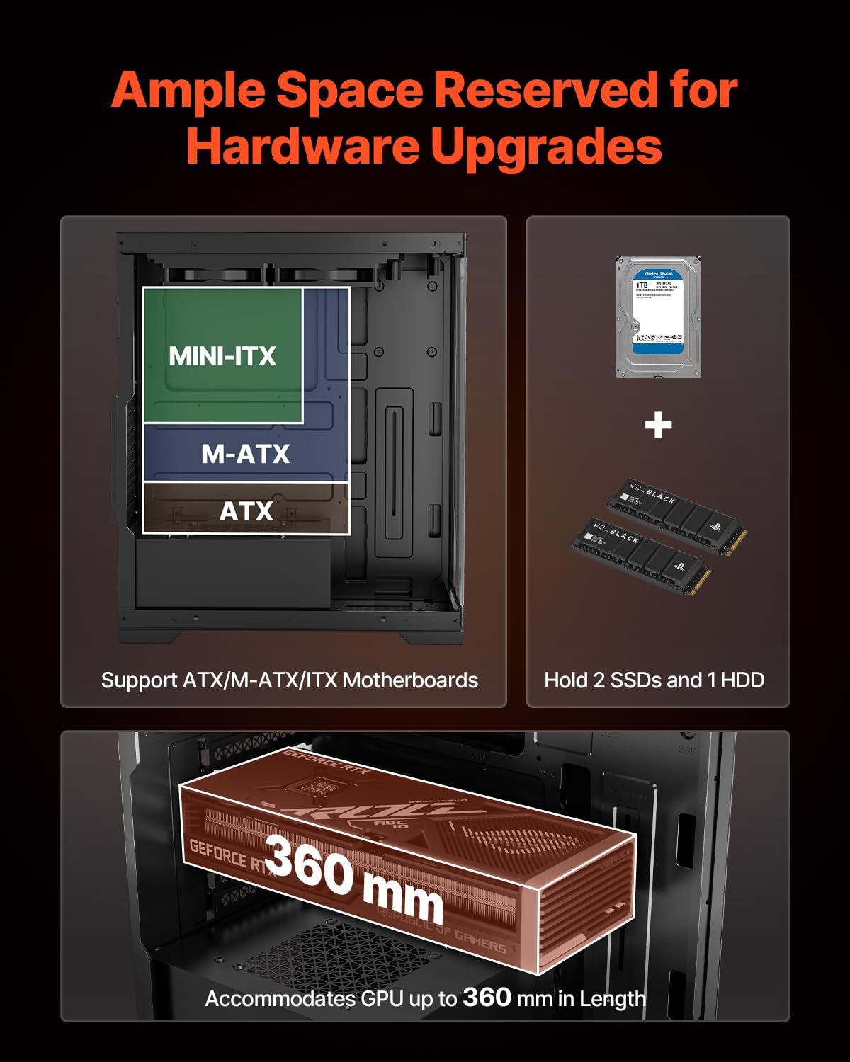 VEVOR PC Gaming Case, Mid-Tower, Computer Case with High-Airflow Tempered Glass Panel, Dust Filter, 2 x 120 mm Fans, Cable Management, for GPU up to 360 mm in Length, Compatible with ATX/M-ATX/ITX - Image 3