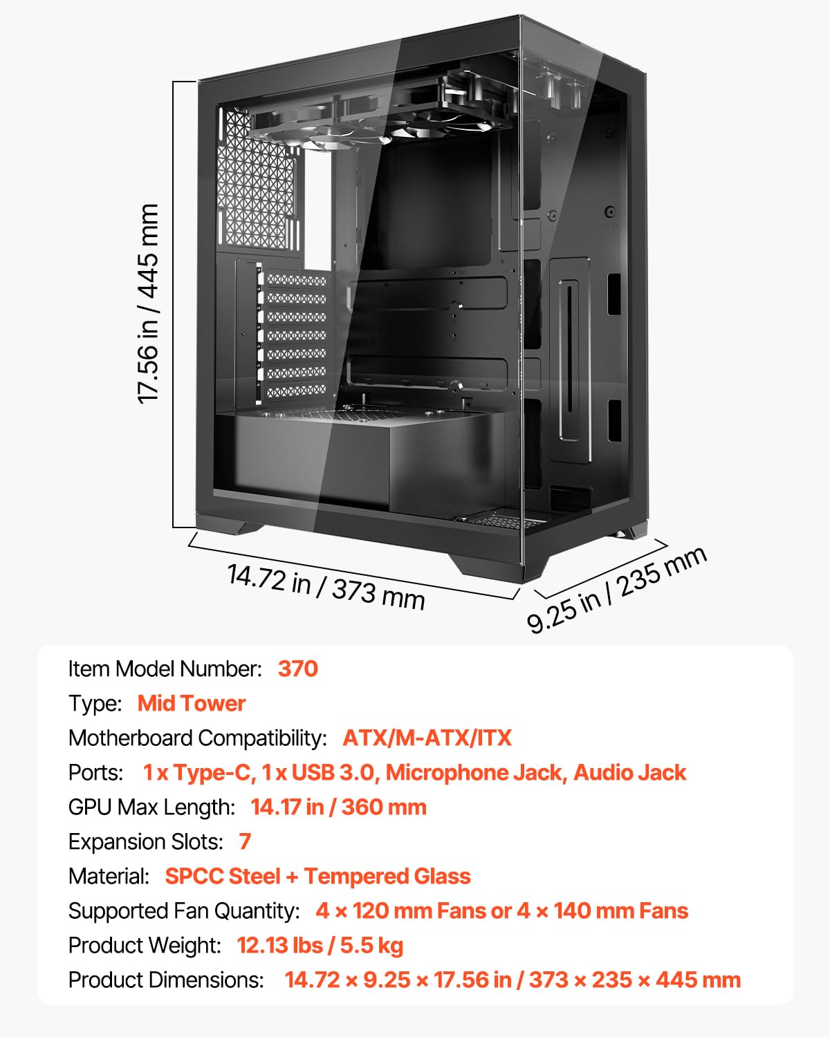 VEVOR PC Gaming Case, Mid-Tower, Computer Case with High-Airflow Tempered Glass Panel, Dust Filter, 2 x 120 mm Fans, Cable Management, for GPU up to 360 mm in Length, Compatible with ATX/M-ATX/ITX - Image 7
