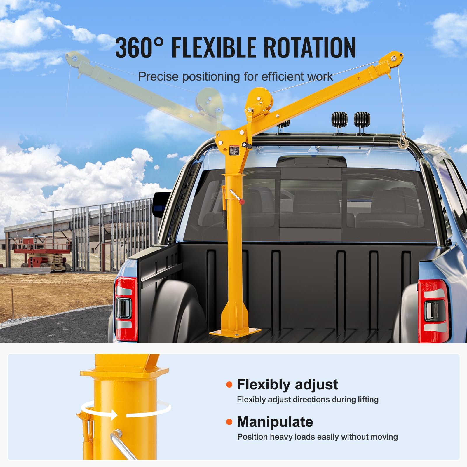 VEVOR Pickup Truck Crane with 1100 lbs Manual Winch, Folding Truck-Mounted Bed Crane, Steel Pickup Truck Jib Crane Hoist 360° Swivel for Lifting Goods in Construction, Factory - Image 5