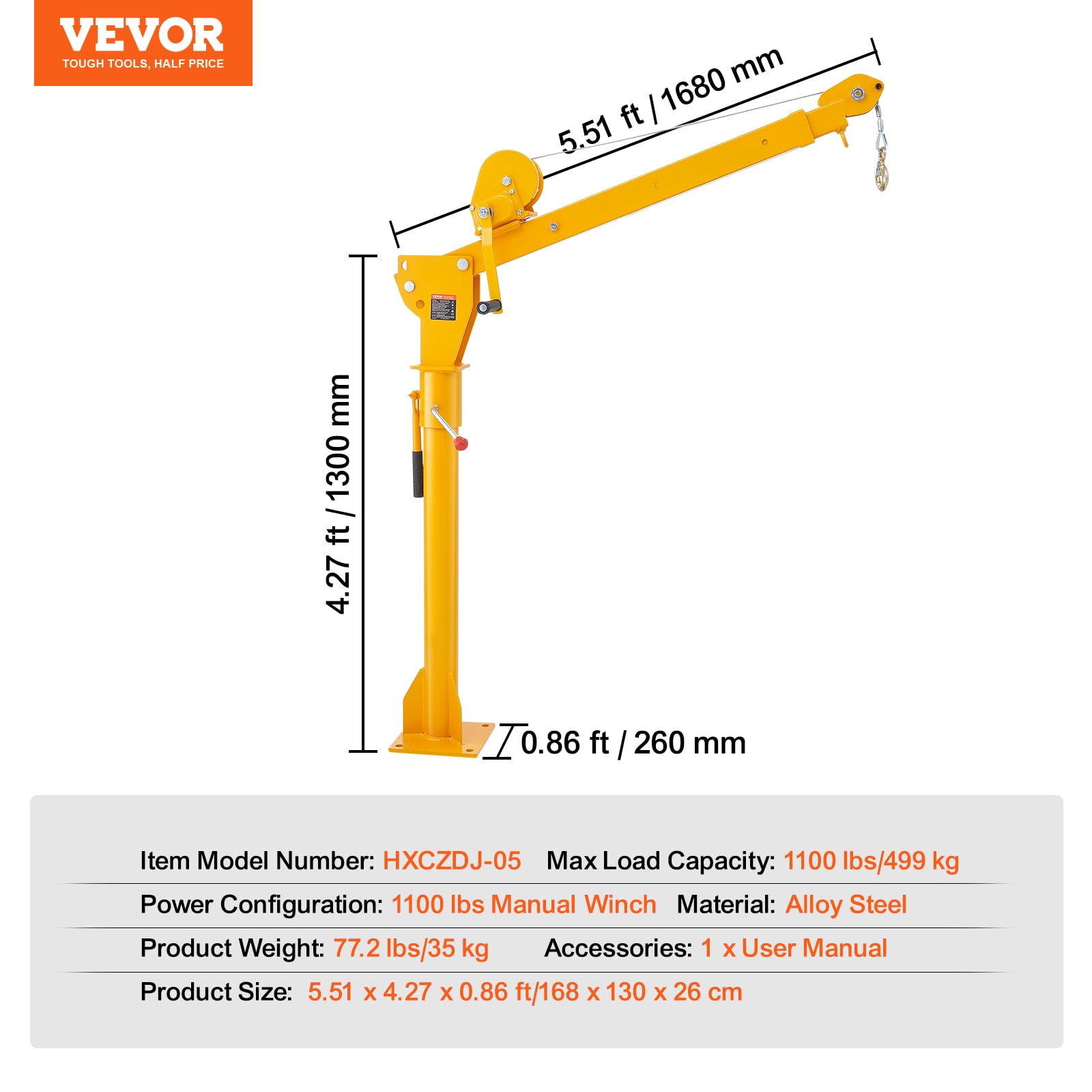 VEVOR Pickup Truck Crane with 1100 lbs Manual Winch, Folding Truck-Mounted Bed Crane, Steel Pickup Truck Jib Crane Hoist 360° Swivel for Lifting Goods in Construction, Factory - Image 7