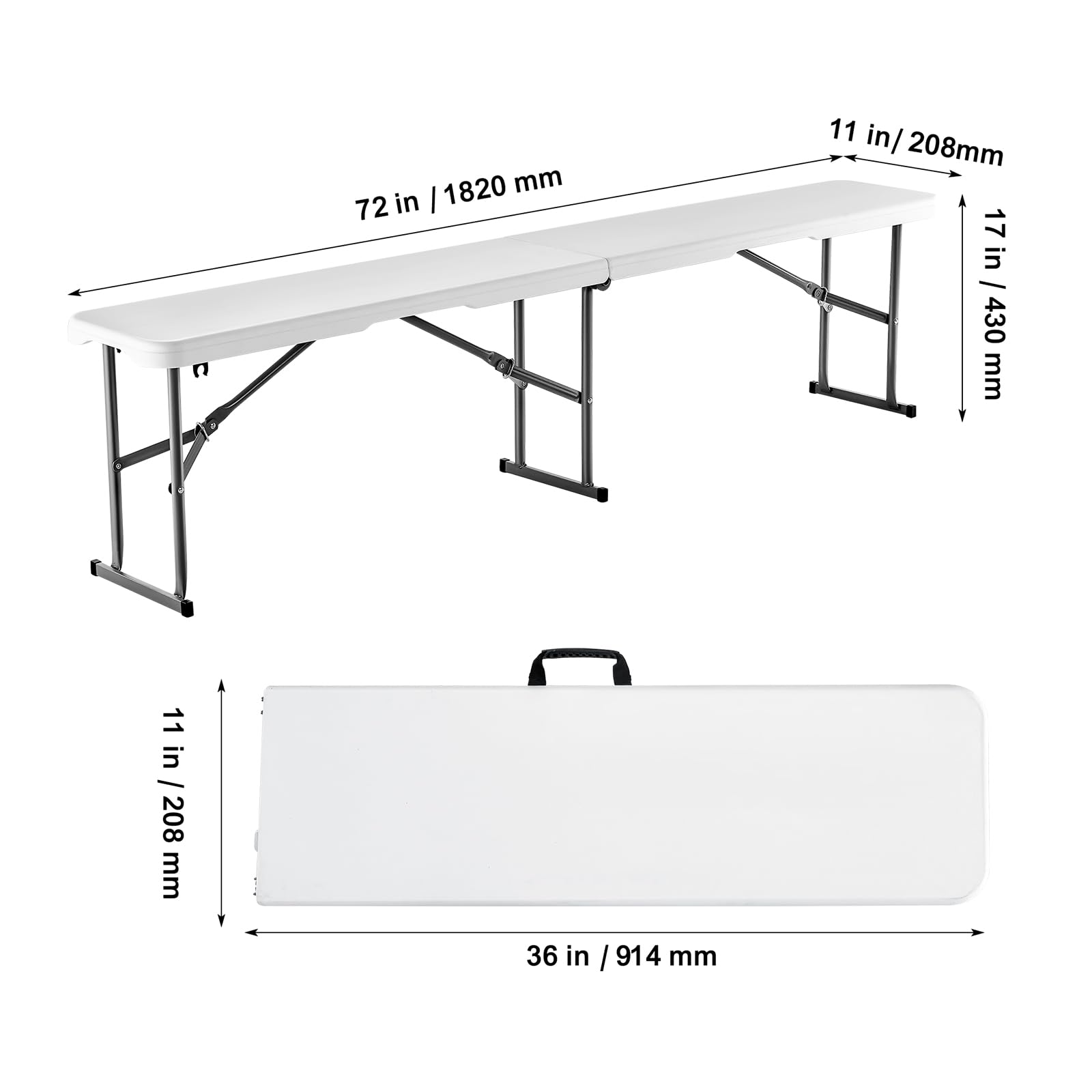 VEVOR Plastic Folding Bench, 6ft Portable Folding Bench, Smooth High Density Polyethylene Waterproof Outdoor Bench, Picnic Camping Table with Handle for Garden Soccer Playtime, White (2 Pack) - Image 9