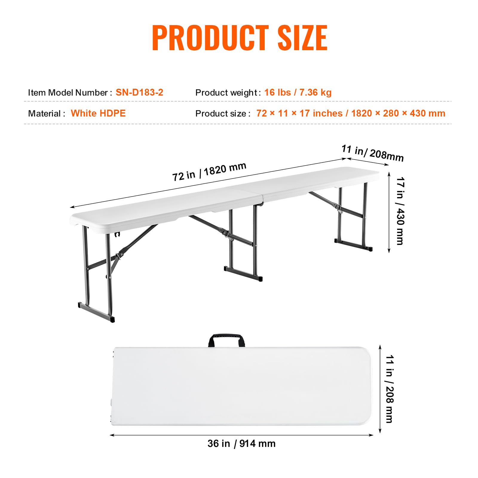 VEVOR Plastic Folding Bench, 6ft Portable Folding Bench, Smooth High Density Polyethylene Waterproof Outdoor Bench, Picnic Camping Table with Handle for Garden Soccer Playtime, White (1 Pack) - Image 3
