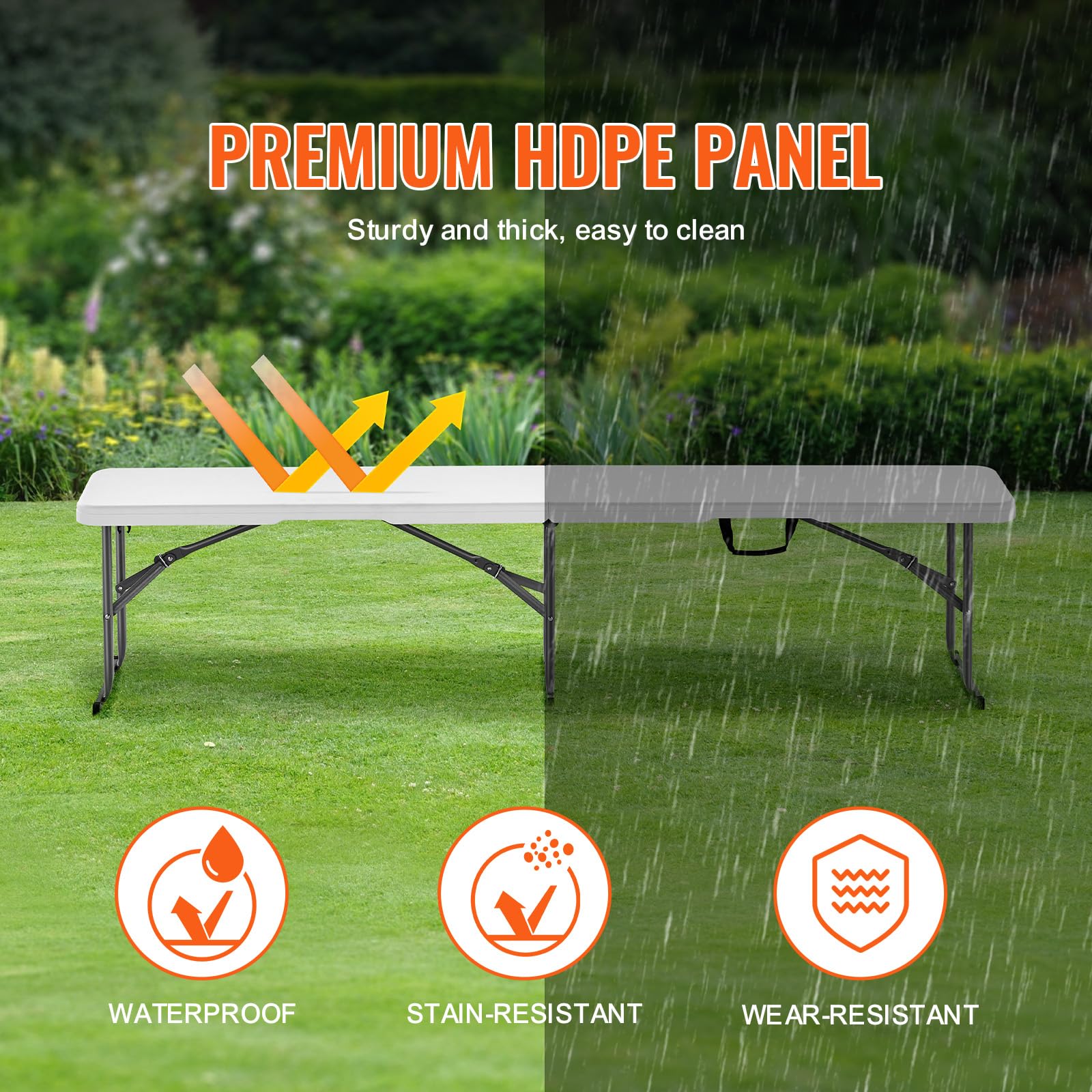 VEVOR Plastic Folding Bench, 6ft Portable Folding Bench, Smooth High Density Polyethylene Waterproof Outdoor Bench, Picnic Camping Table with Handle for Garden Soccer Playtime, White (1 Pack) - Image 5